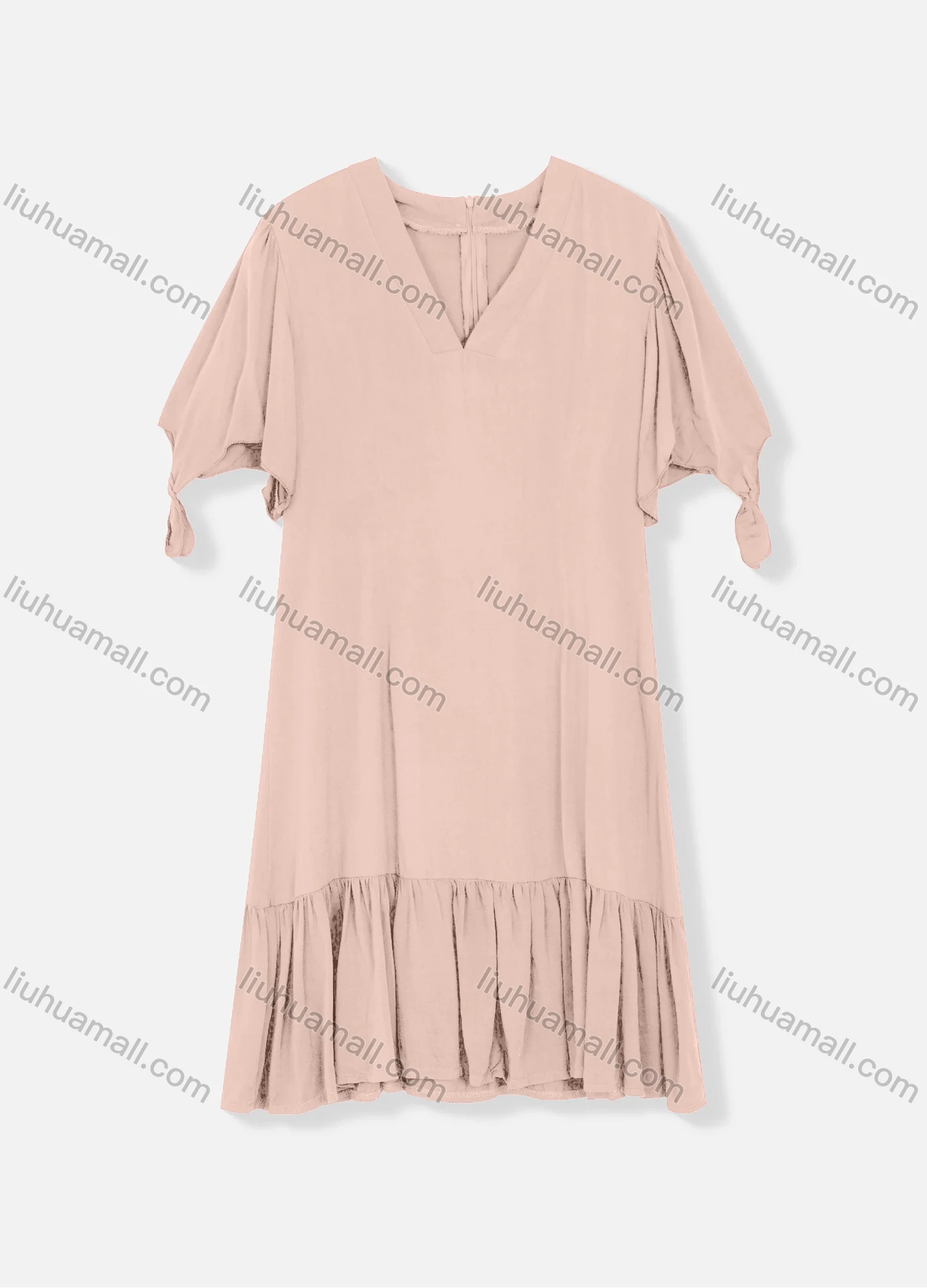 Wholesale Women's Plain V Neck Short Sleeve Zipper Back Ruffle Hem Plain Short Dress - Liuhuamall