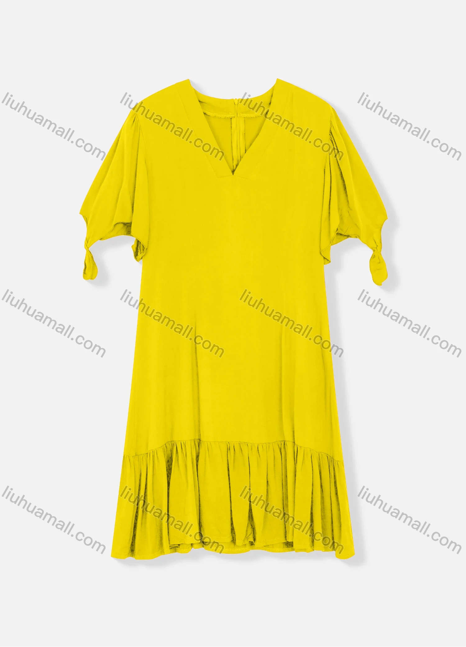 Wholesale Women's Plain V Neck Short Sleeve Zipper Back Ruffle Hem Plain Short Dress - Liuhuamall