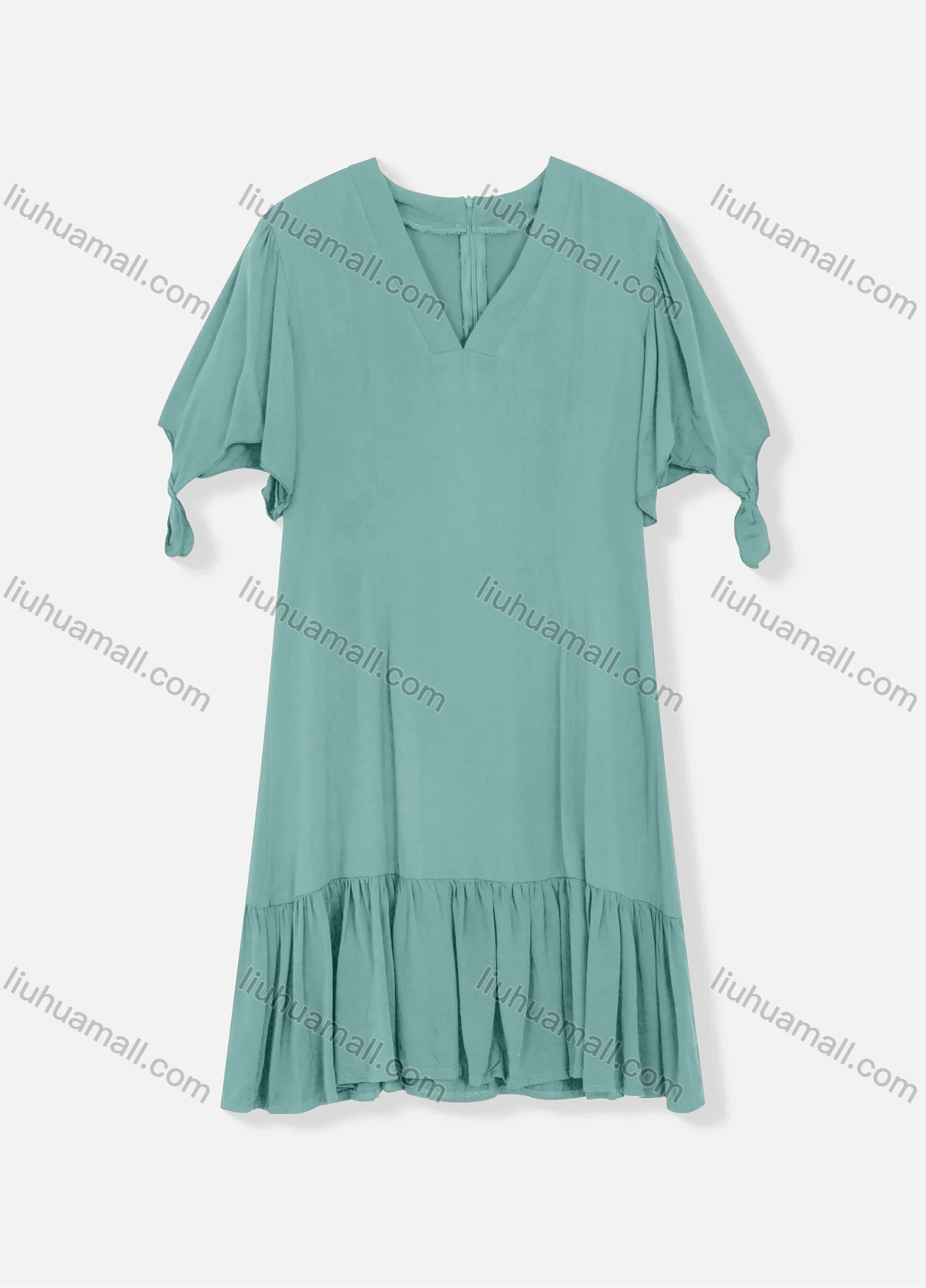 Wholesale Women's Plain V Neck Short Sleeve Zipper Back Ruffle Hem Plain Short Dress - Liuhuamall