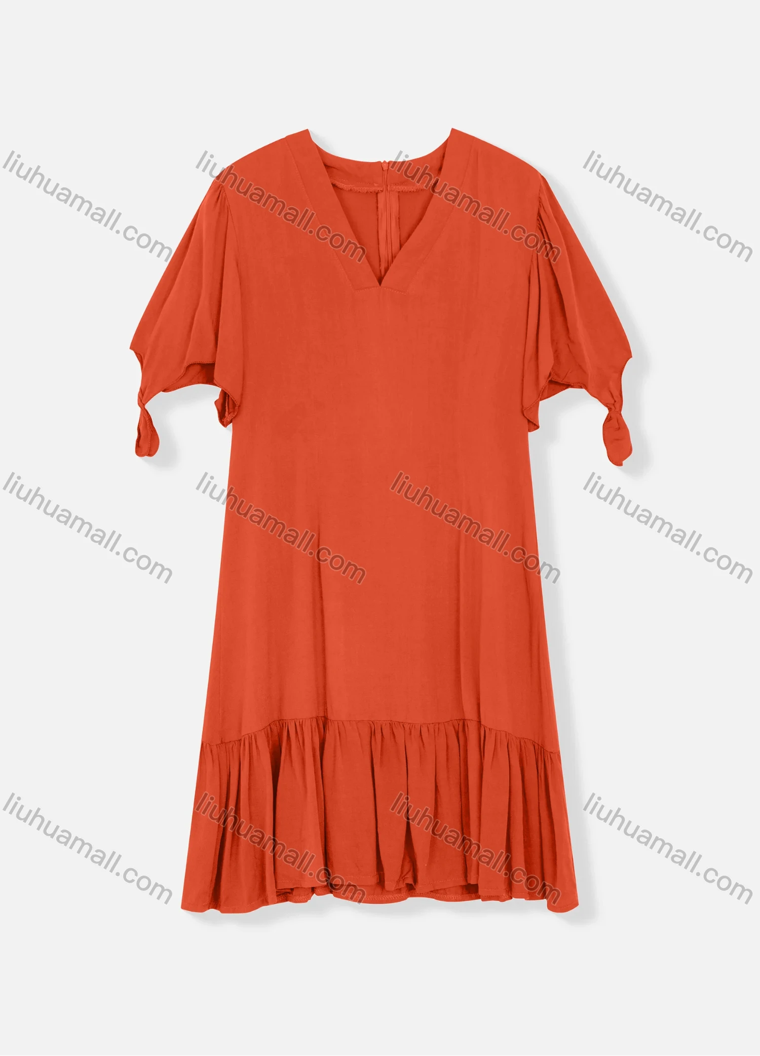 Wholesale Women's Plain V Neck Short Sleeve Zipper Back Ruffle Hem Plain Short Dress - Liuhuamall