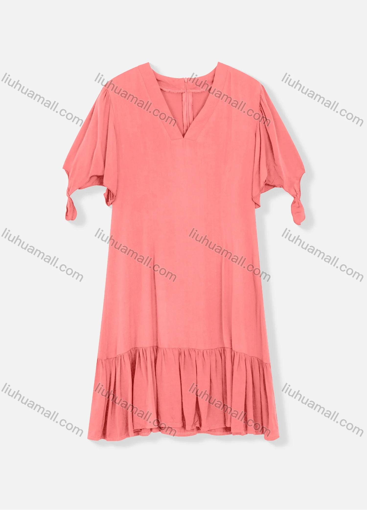 Wholesale Women's Plain V Neck Short Sleeve Zipper Back Ruffle Hem Plain Short Dress - Liuhuamall