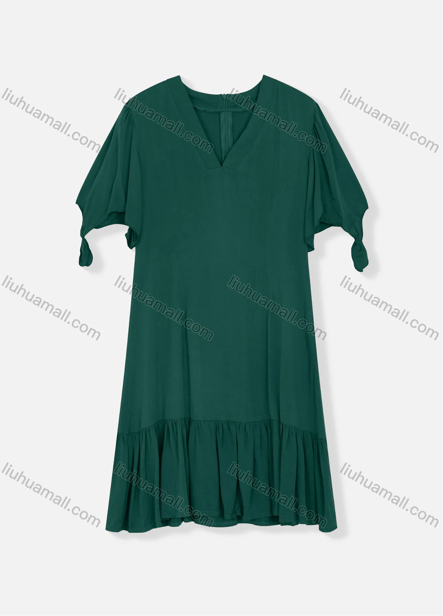 Wholesale Women's Plain V Neck Short Sleeve Zipper Back Ruffle Hem Plain Short Dress - Liuhuamall
