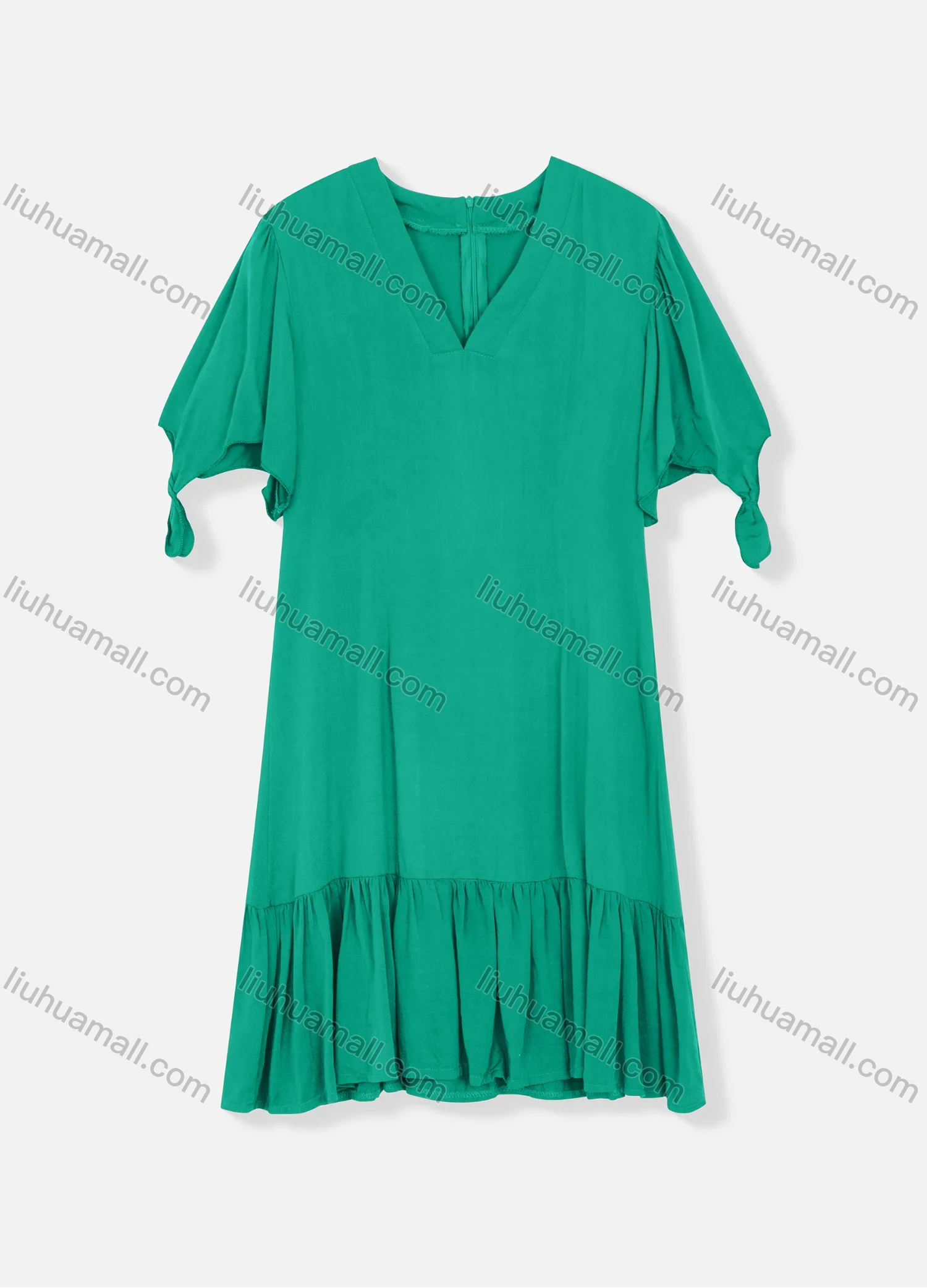 Wholesale Women's Plain V Neck Short Sleeve Zipper Back Ruffle Hem Plain Short Dress - Liuhuamall