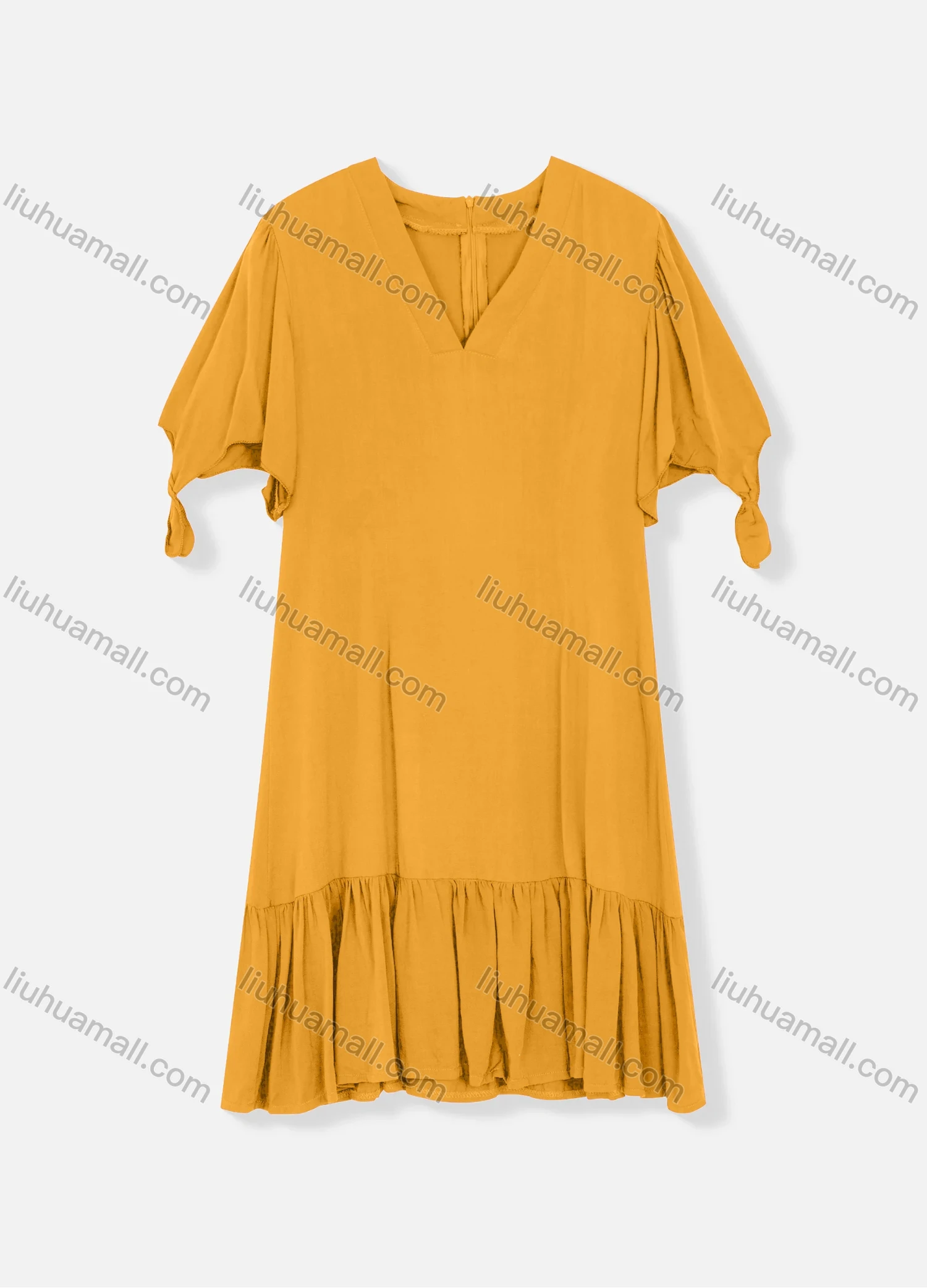 Wholesale Women's Plain V Neck Short Sleeve Zipper Back Ruffle Hem Plain Short Dress - Liuhuamall
