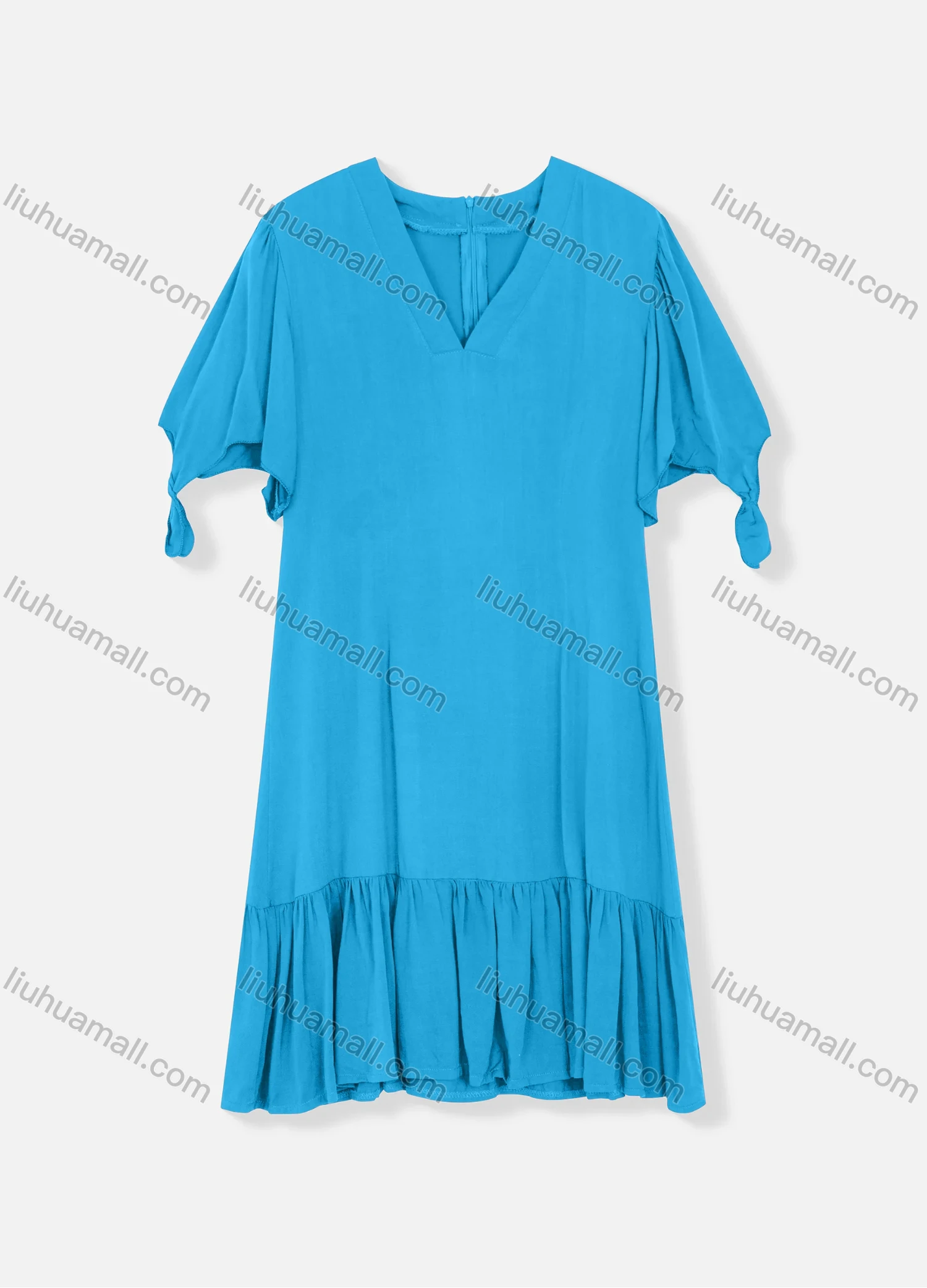 Wholesale Women's Plain V Neck Short Sleeve Zipper Back Ruffle Hem Plain Short Dress - Liuhuamall