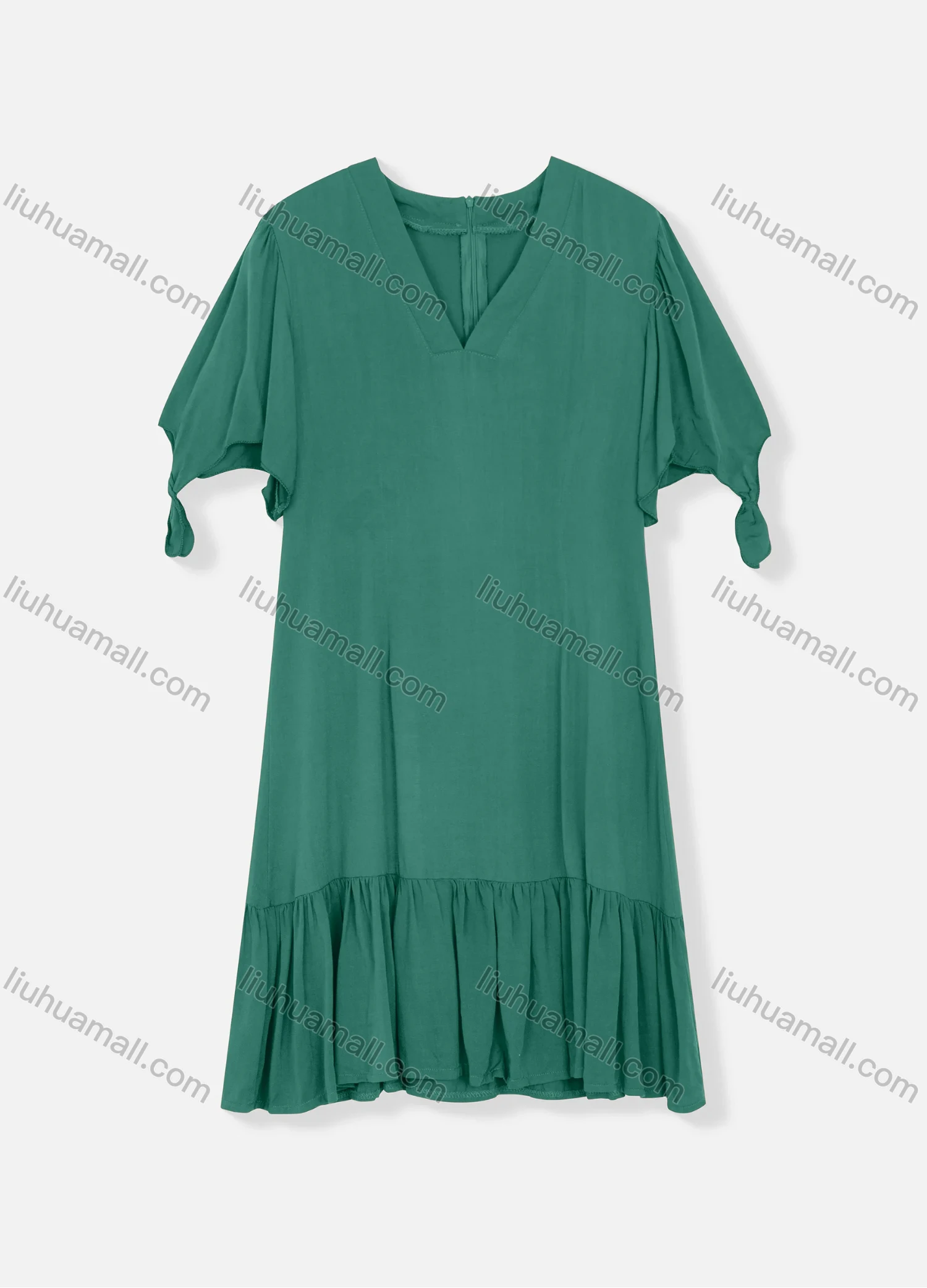 Wholesale Women's Plain V Neck Short Sleeve Zipper Back Ruffle Hem Plain Short Dress - Liuhuamall