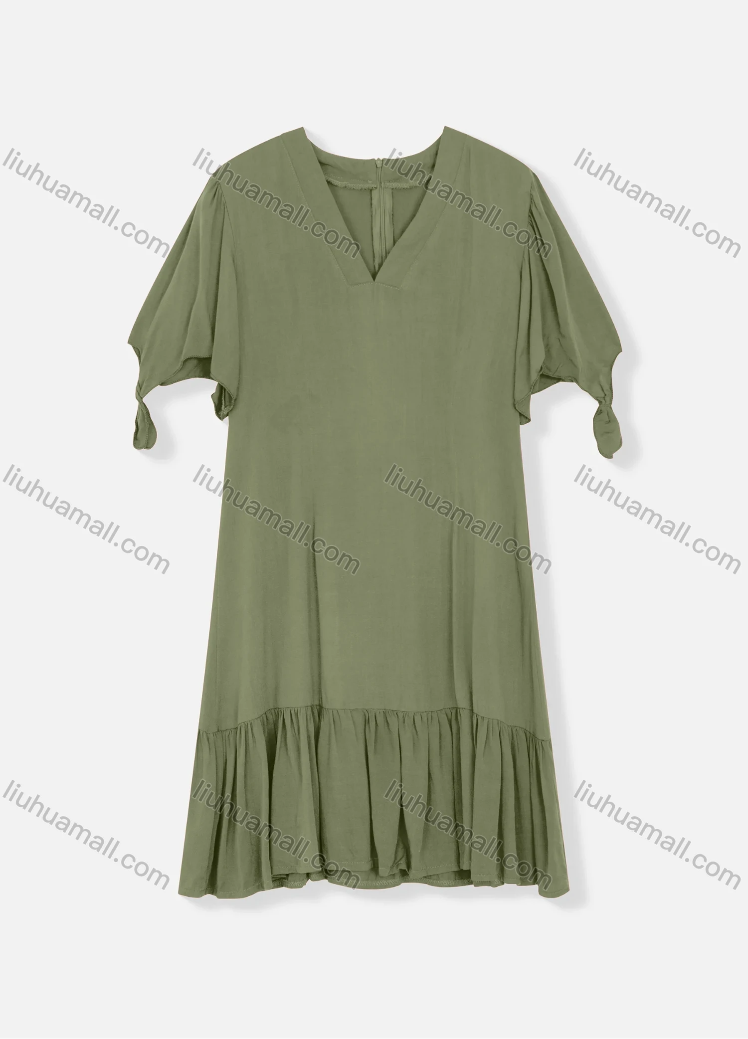Wholesale Women's Plain V Neck Short Sleeve Zipper Back Ruffle Hem Plain Short Dress - Liuhuamall