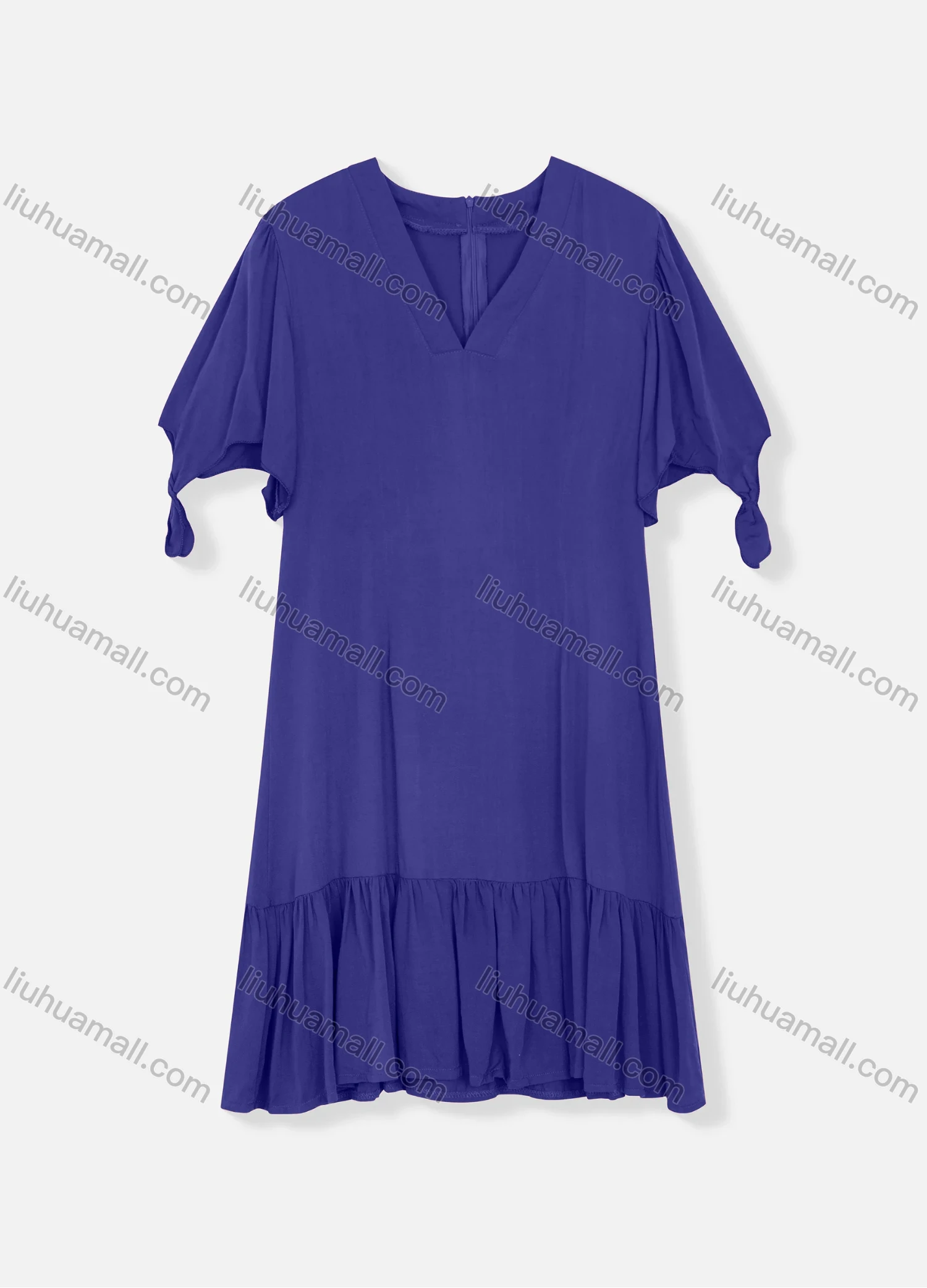 Wholesale Women's Plain V Neck Short Sleeve Zipper Back Ruffle Hem Plain Short Dress - Liuhuamall