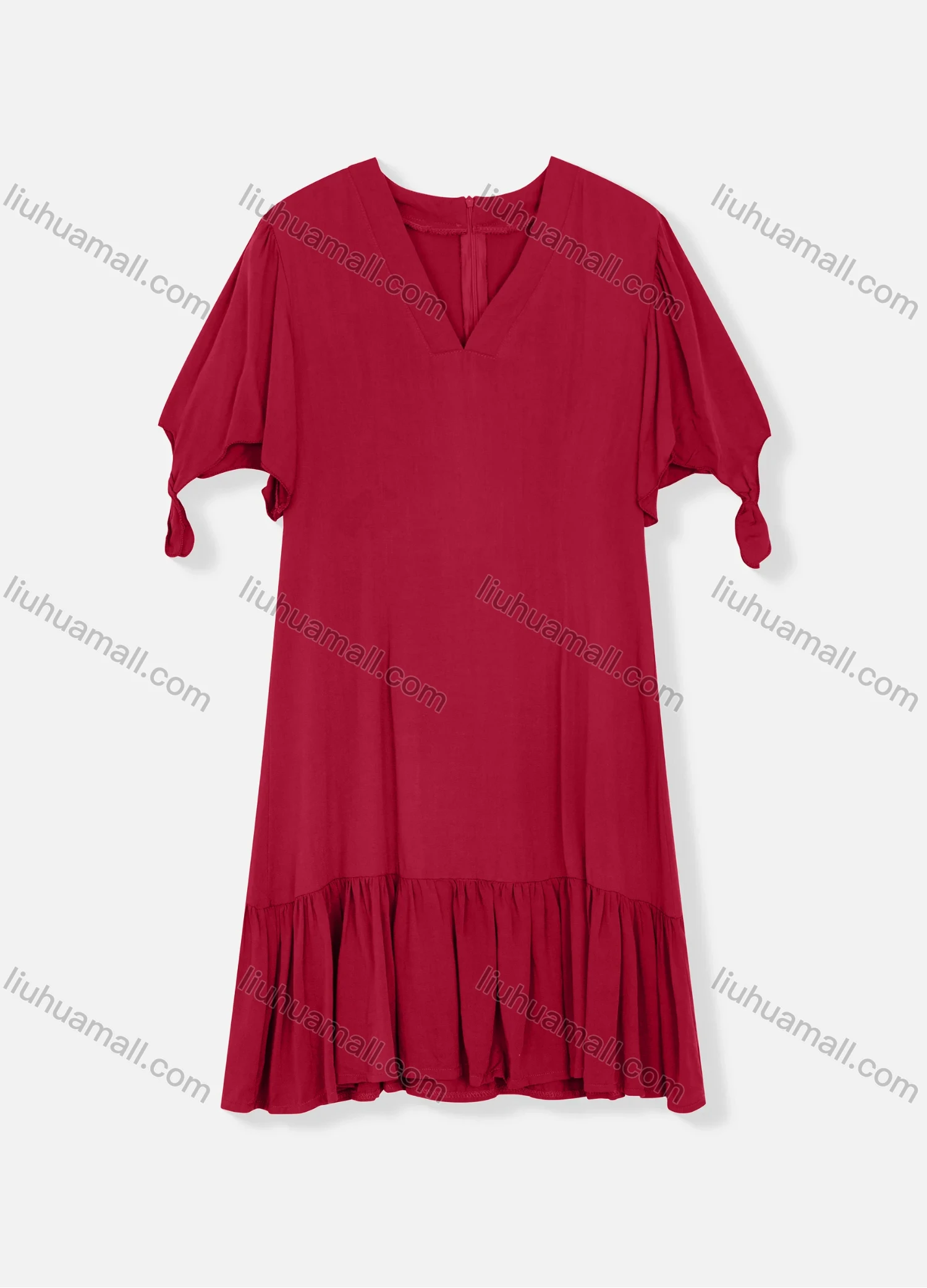 Wholesale Women's Plain V Neck Short Sleeve Zipper Back Ruffle Hem Plain Short Dress - Liuhuamall