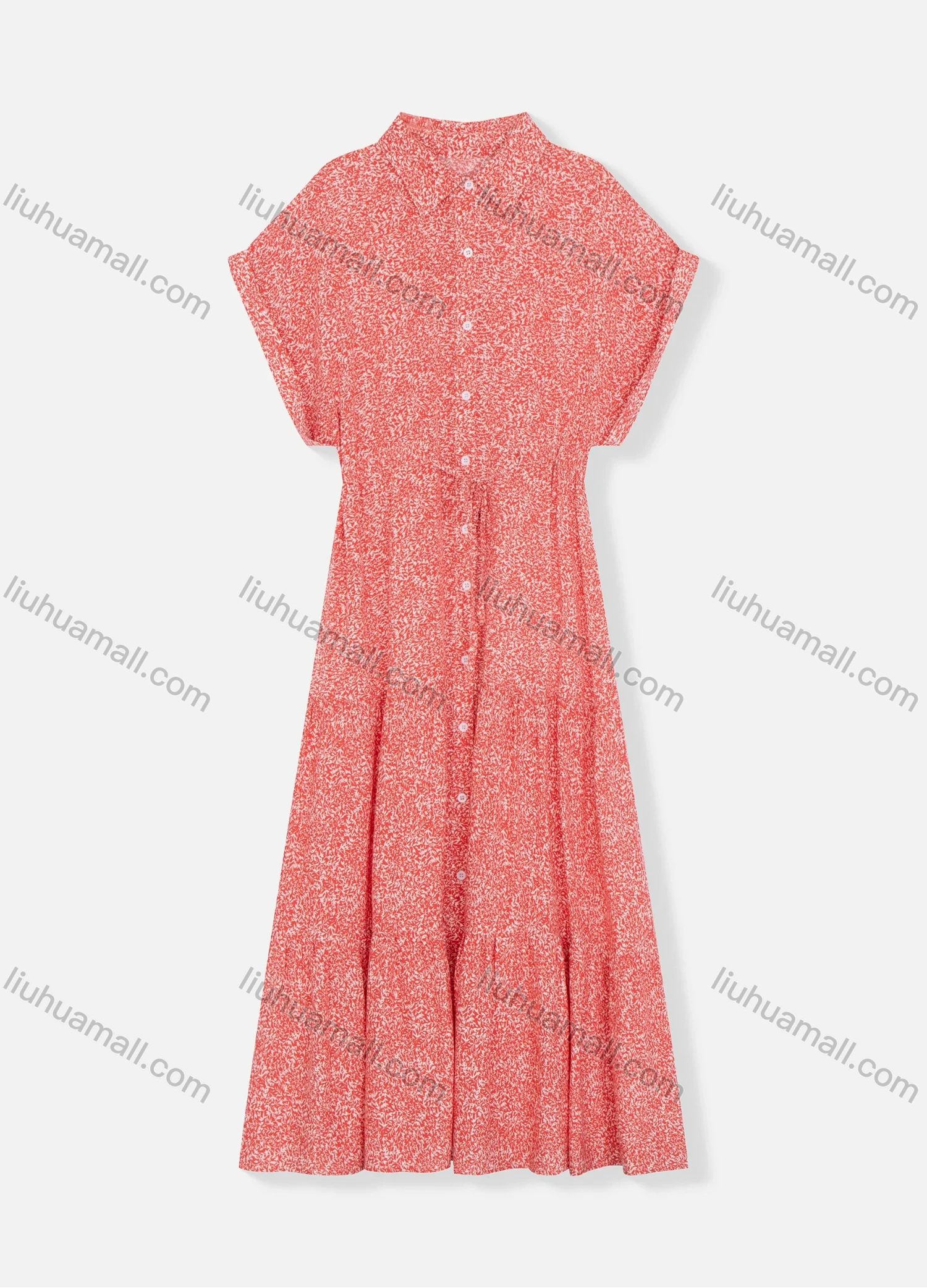 Wholesale Women's Stand Collar Batwing Sleeve Allover Print Buttons Down Drawstring Ruffle Hem Maxi Dress 8471# - Liuhuamall