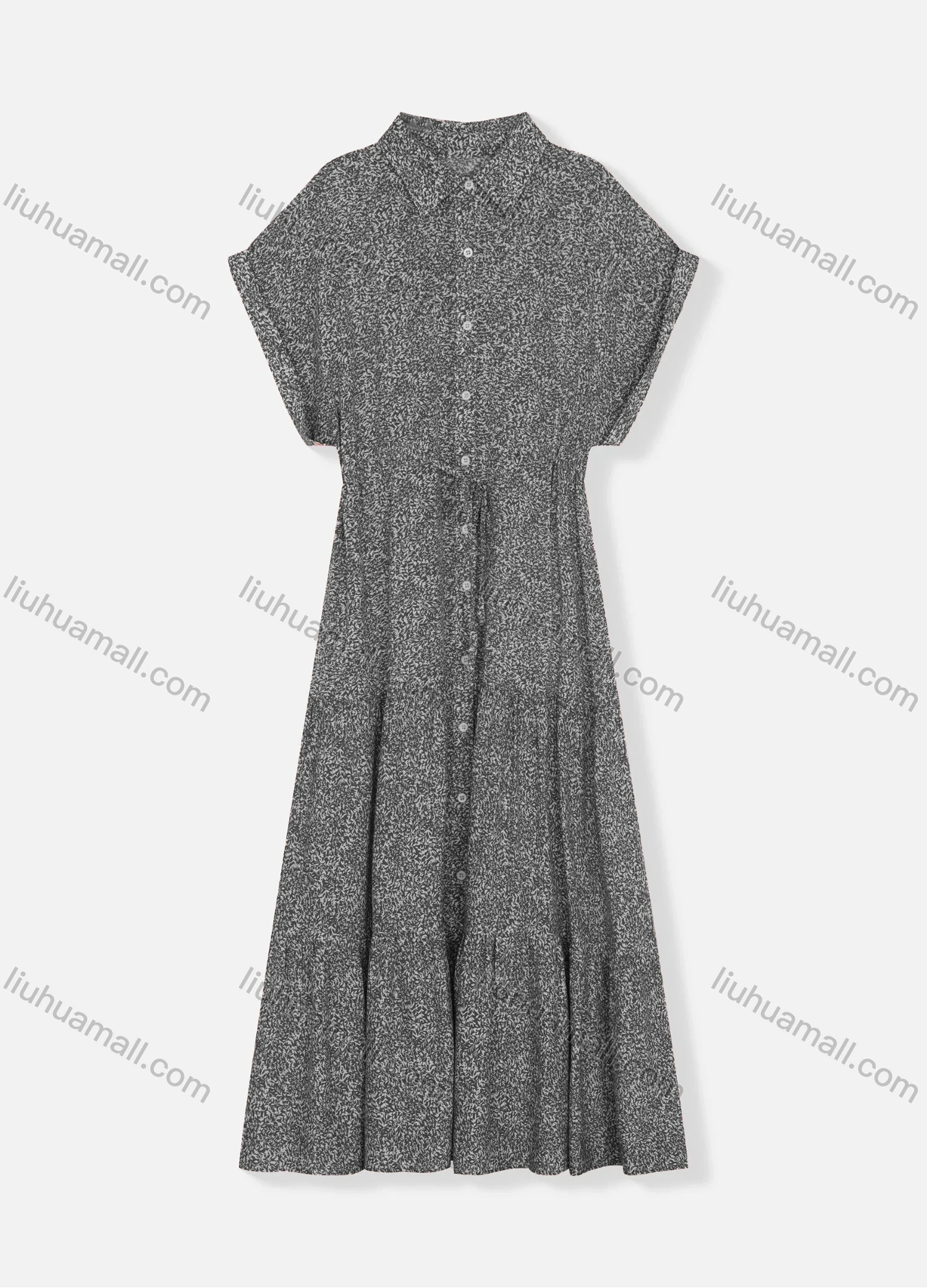 Wholesale Women's Stand Collar Batwing Sleeve Allover Print Buttons Down Drawstring Ruffle Hem Maxi Dress 8471# - Liuhuamall