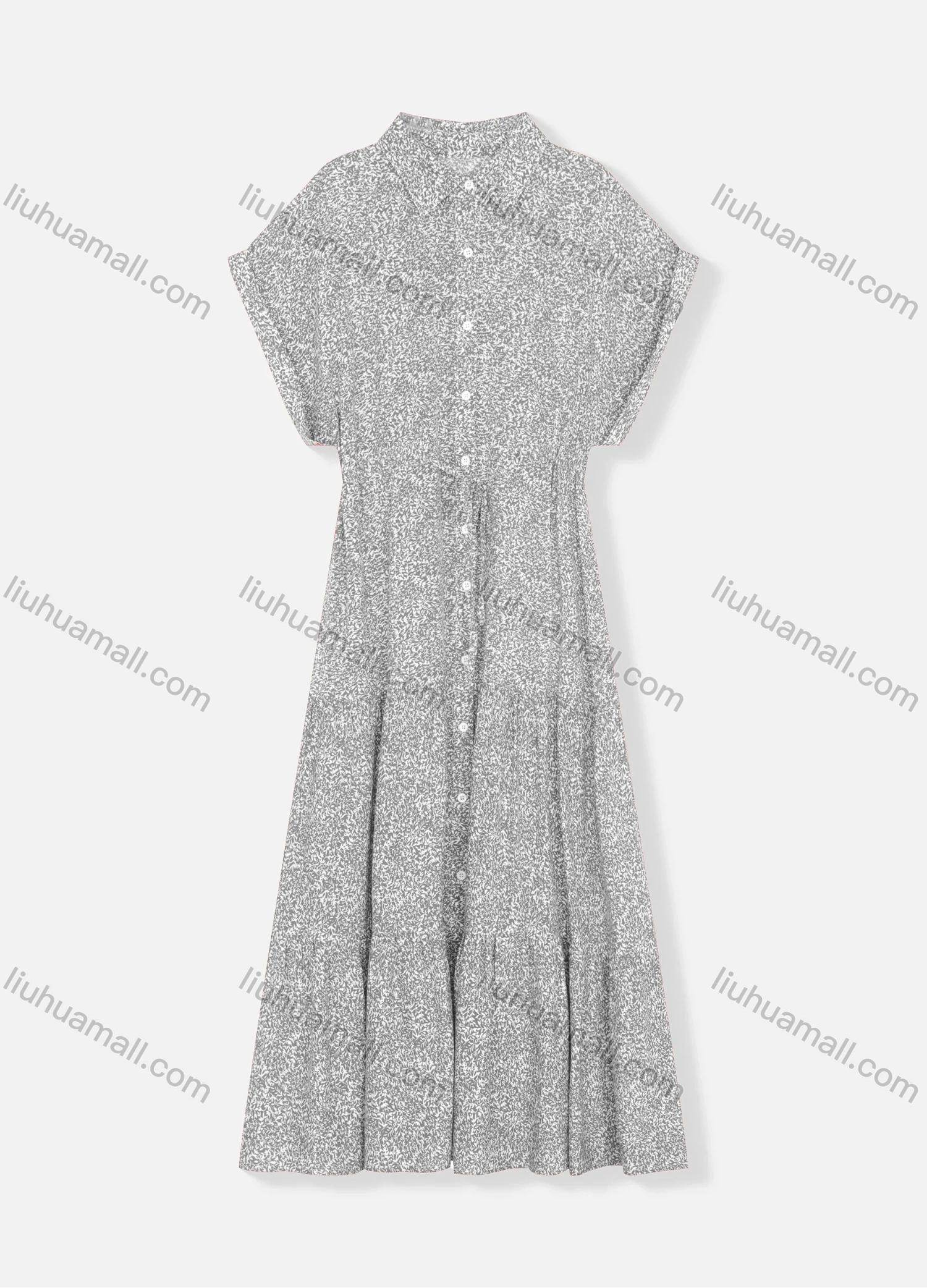 Wholesale Women's Stand Collar Batwing Sleeve Allover Print Buttons Down Drawstring Ruffle Hem Maxi Dress 8471# - Liuhuamall