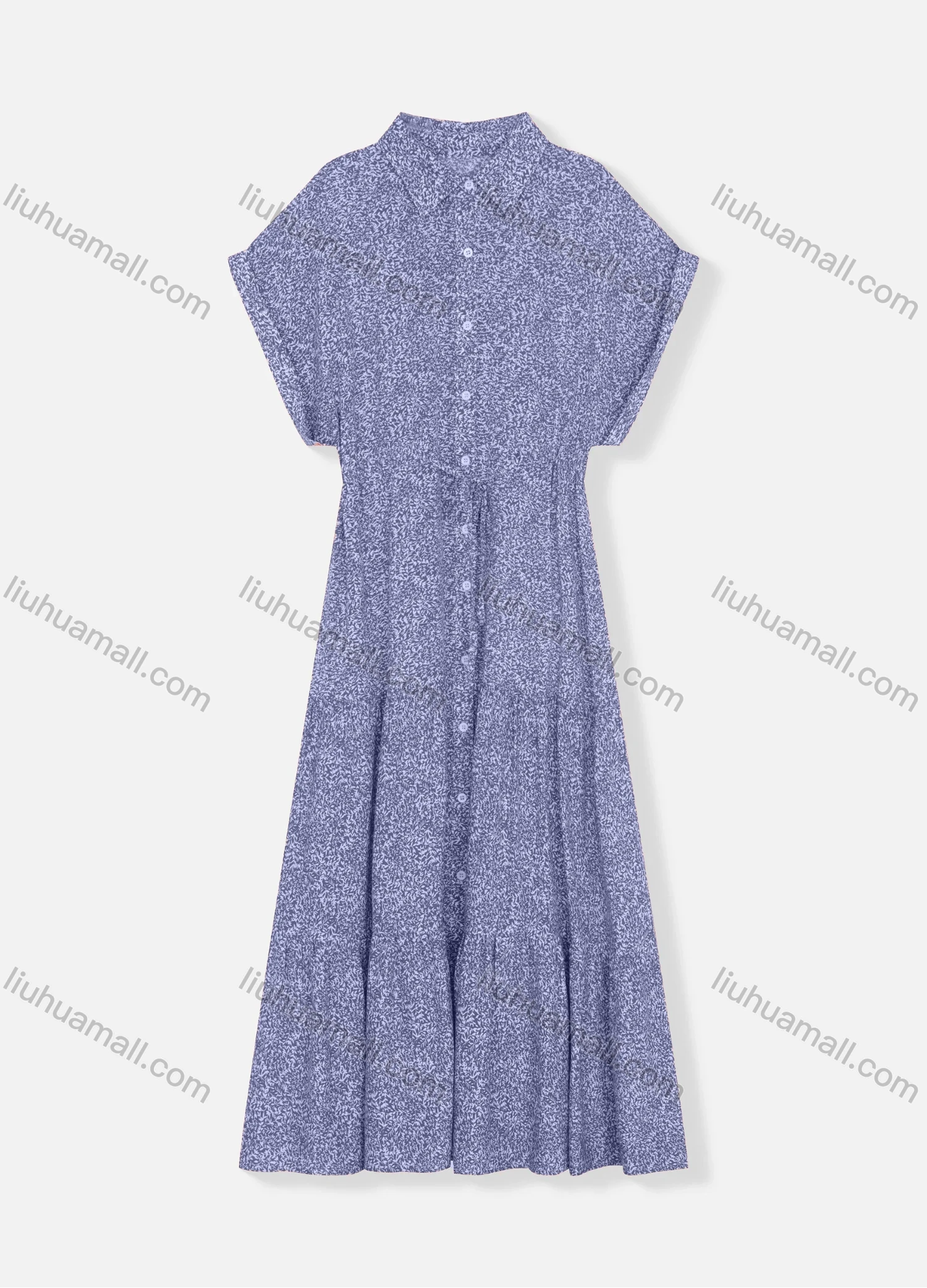 Wholesale Women's Stand Collar Batwing Sleeve Allover Print Buttons Down Drawstring Ruffle Hem Maxi Dress 8471# - Liuhuamall