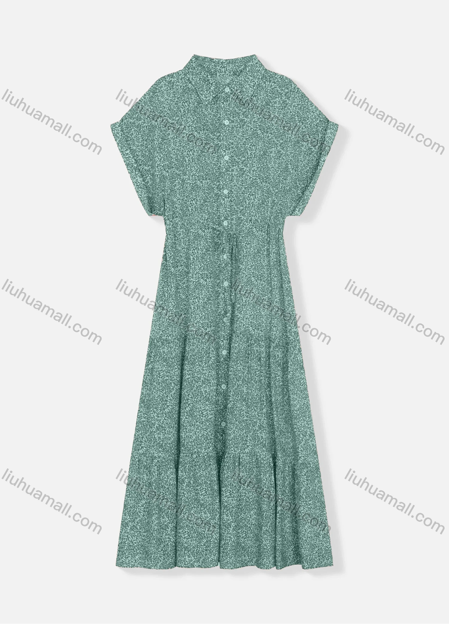 Wholesale Women's Stand Collar Batwing Sleeve Allover Print Buttons Down Drawstring Ruffle Hem Maxi Dress 8471# - Liuhuamall