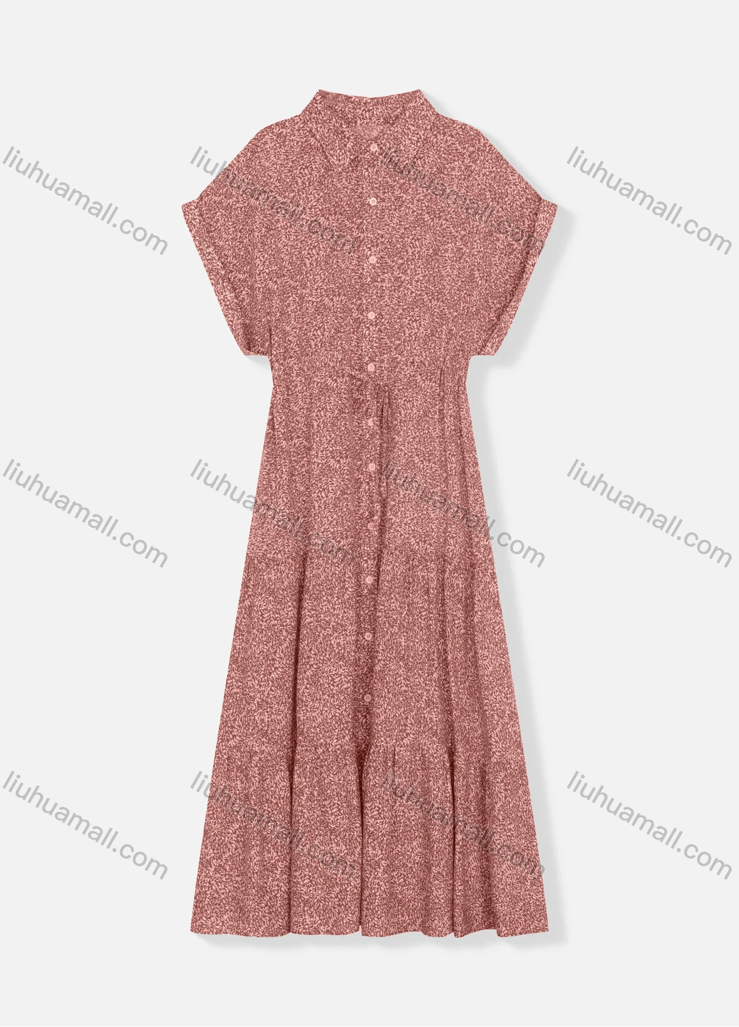 Wholesale Women's Stand Collar Batwing Sleeve Allover Print Buttons Down Drawstring Ruffle Hem Maxi Dress 8471# - Liuhuamall
