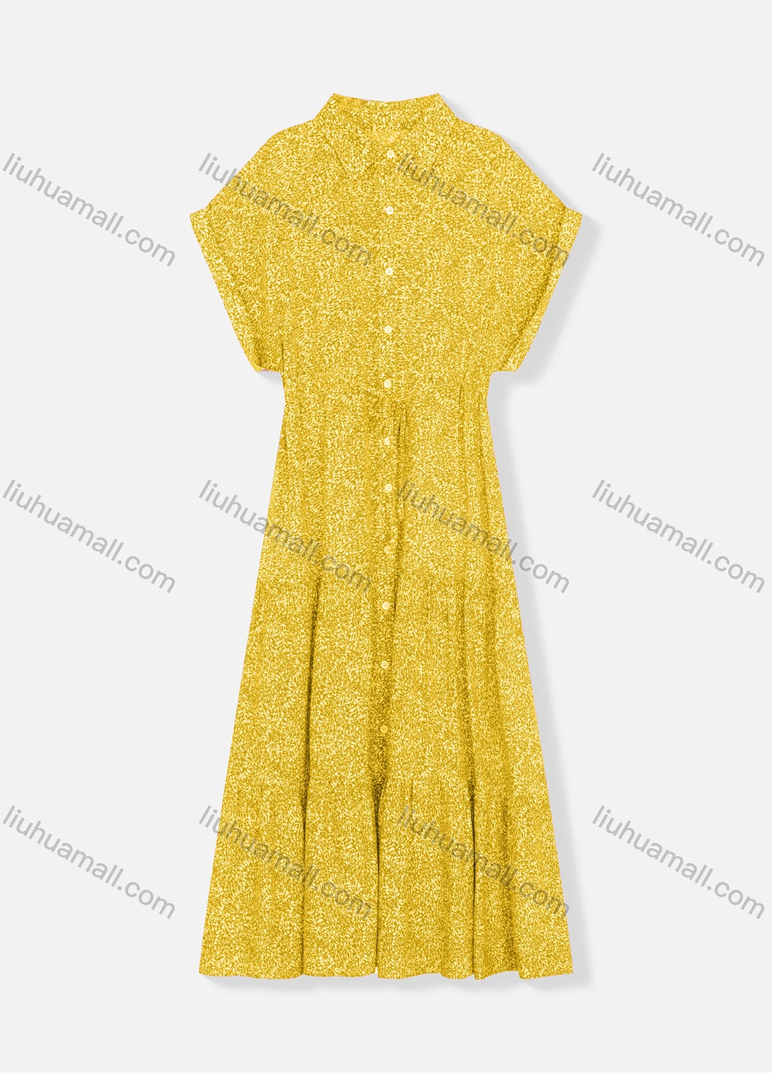 Wholesale Women's Stand Collar Batwing Sleeve Allover Print Buttons Down Drawstring Ruffle Hem Maxi Dress 8471# - Liuhuamall