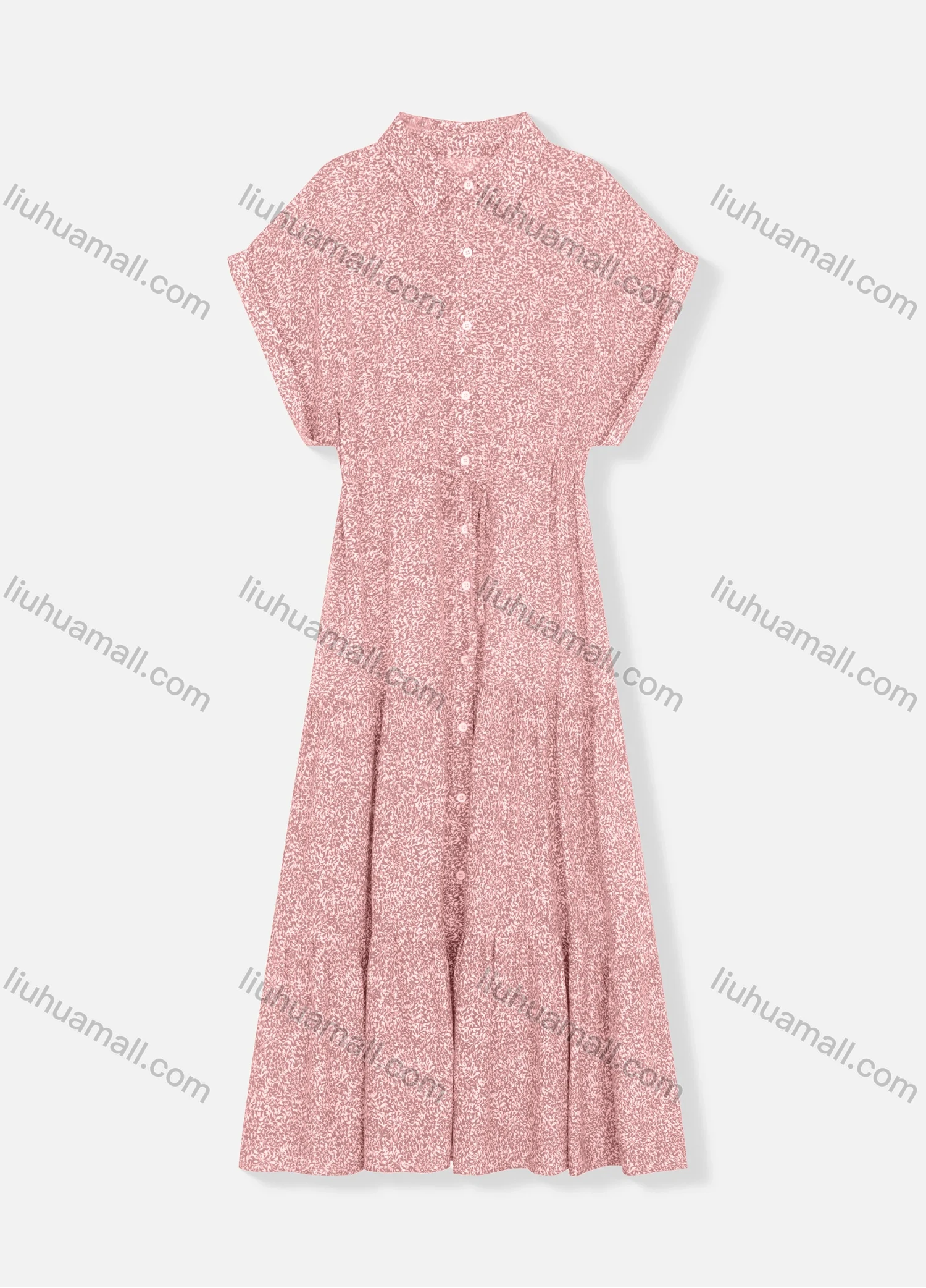 Wholesale Women's Stand Collar Batwing Sleeve Allover Print Buttons Down Drawstring Ruffle Hem Maxi Dress 8471# - Liuhuamall