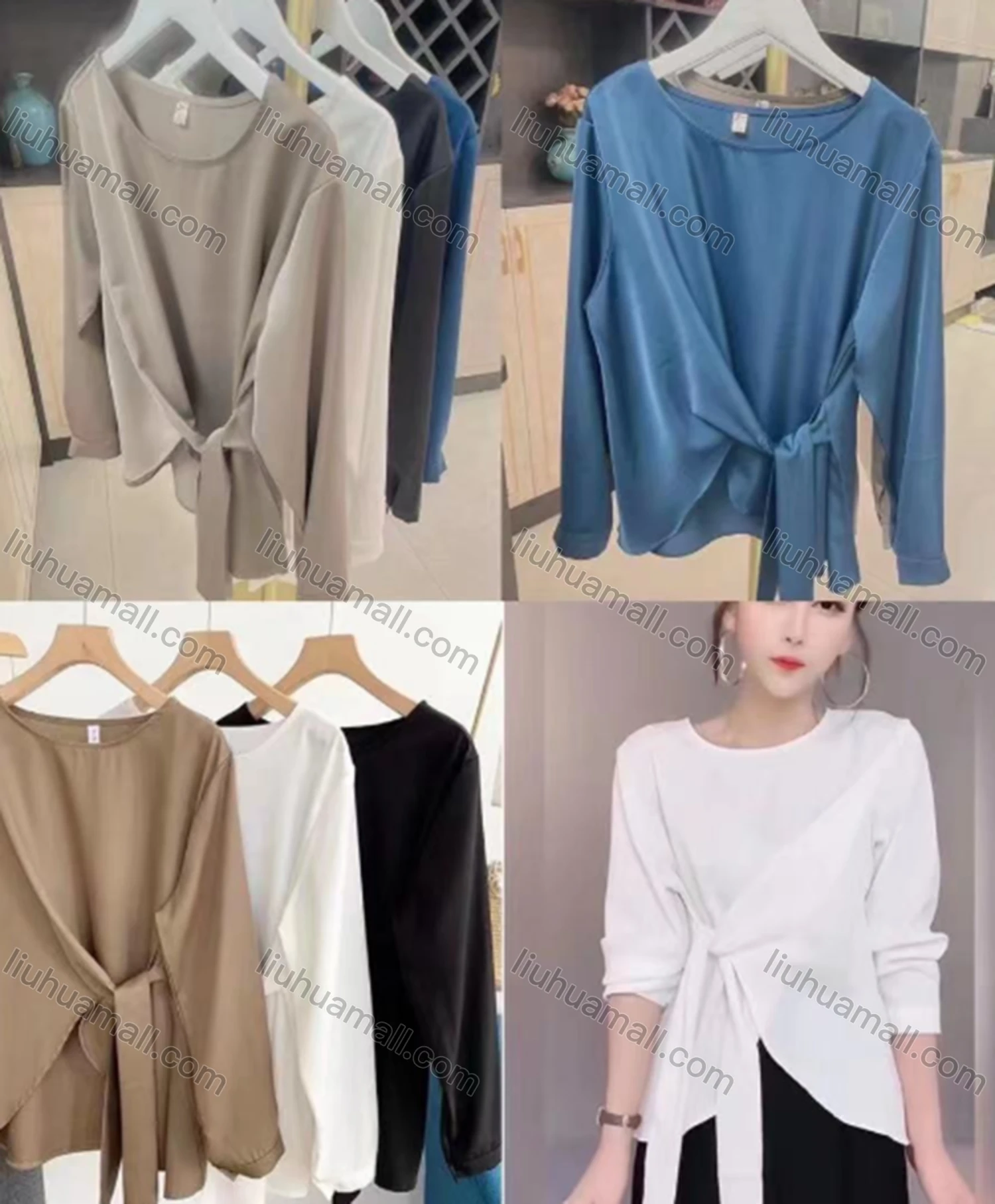 Wholesale Women's Bateau Neck Long Sleeve Tie Front Asymmetrical Hem Plain Casual Blouse - Liuhuamall