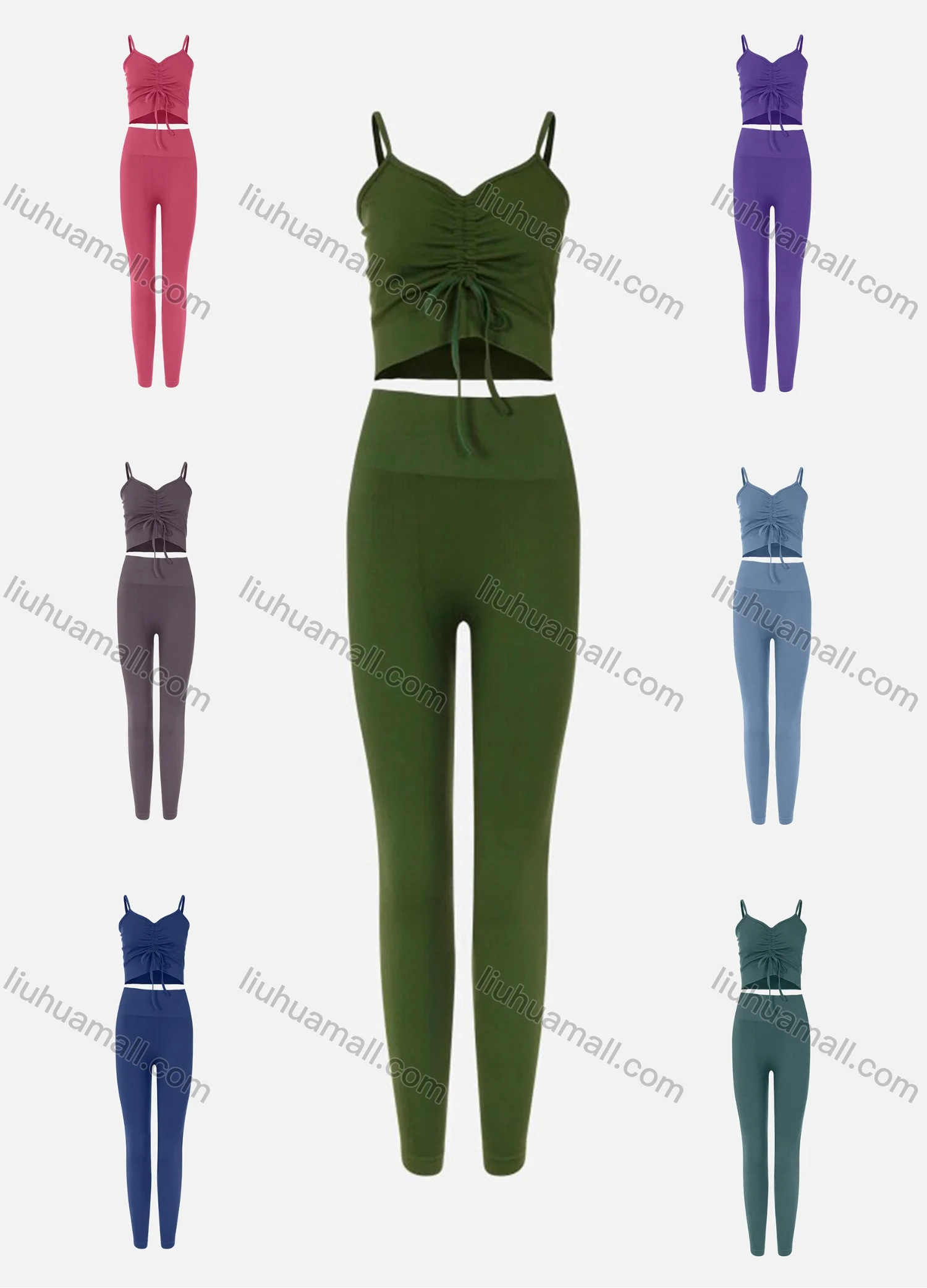 Wholesale Women's Spaghetti Strap Drawstring Plain Cami & High Waist Pants 2-Piece Set - Liuhuamall