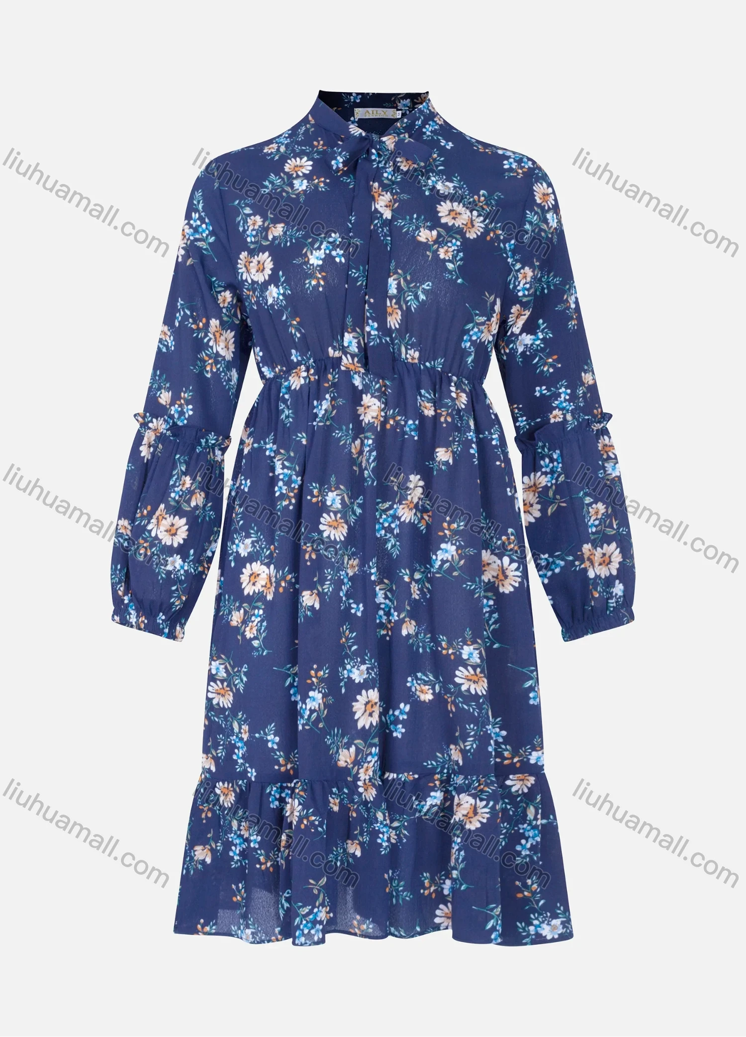 Wholesale Women's Causal Tie Neck Long Sleeve Floral Print Viscose Midi Dress - Liuhuamall