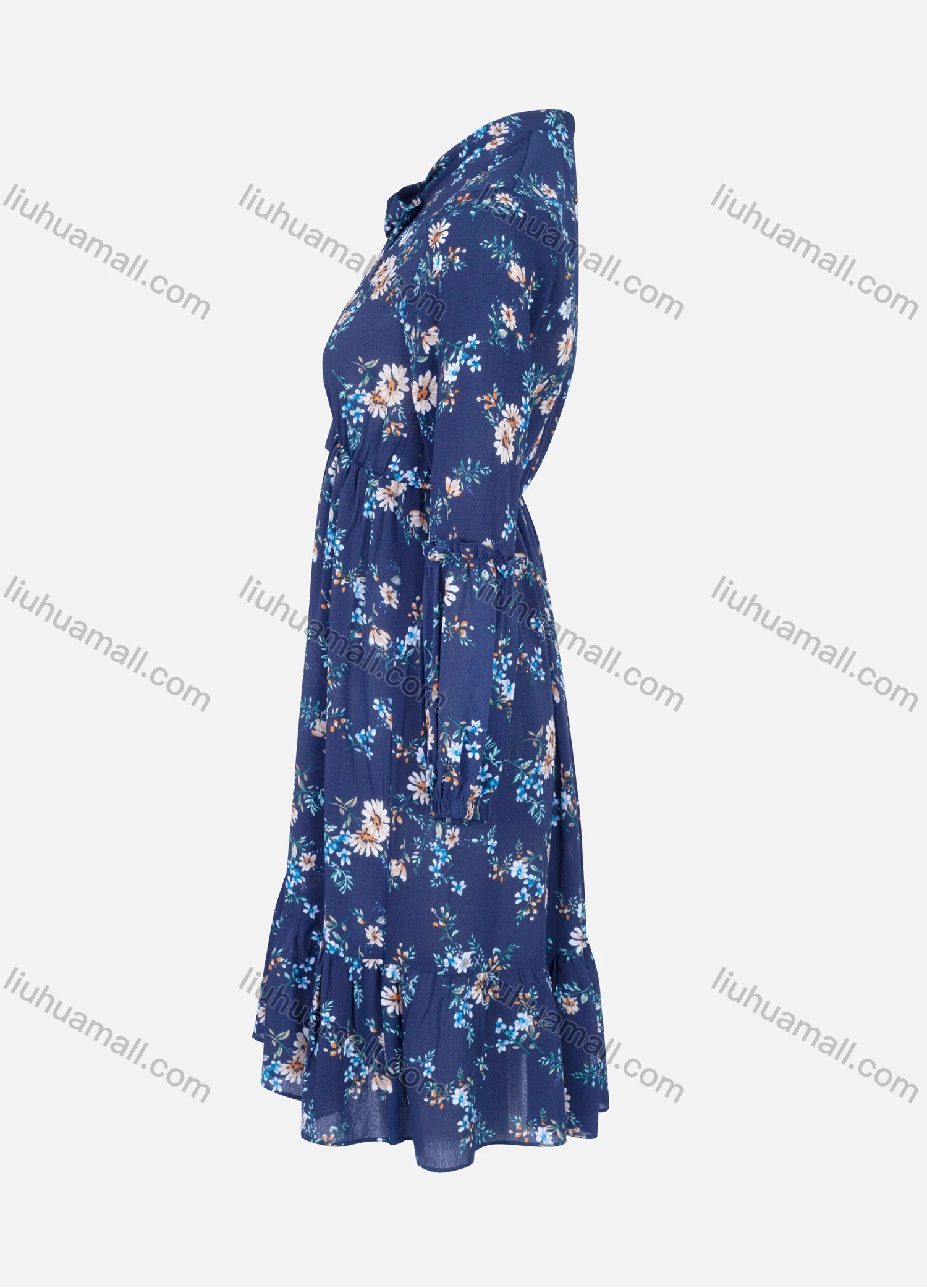 Wholesale Women's Causal Tie Neck Long Sleeve Floral Print Viscose Midi Dress - Liuhuamall