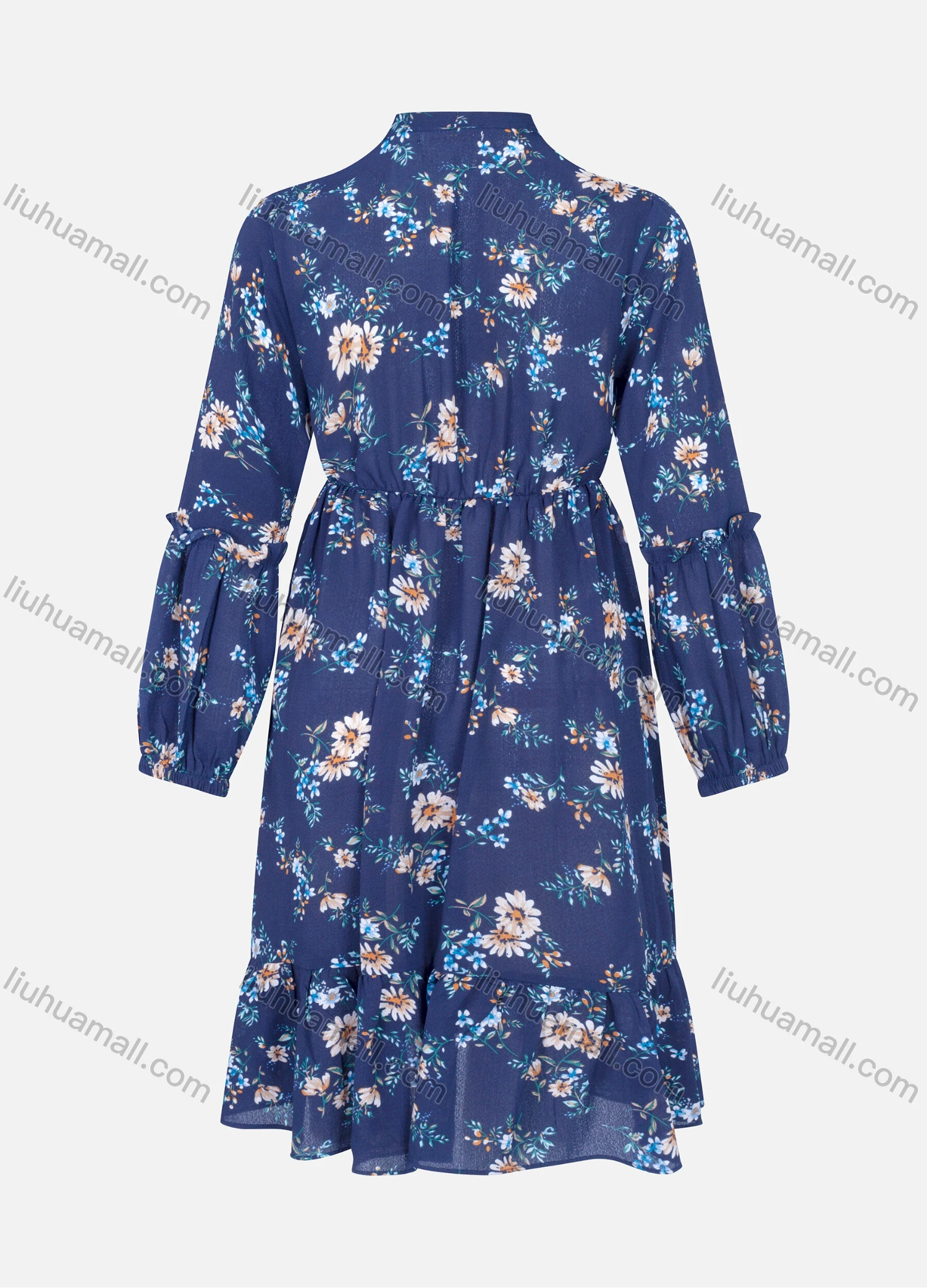 Wholesale Women's Causal Tie Neck Long Sleeve Floral Print Viscose Midi Dress - Liuhuamall