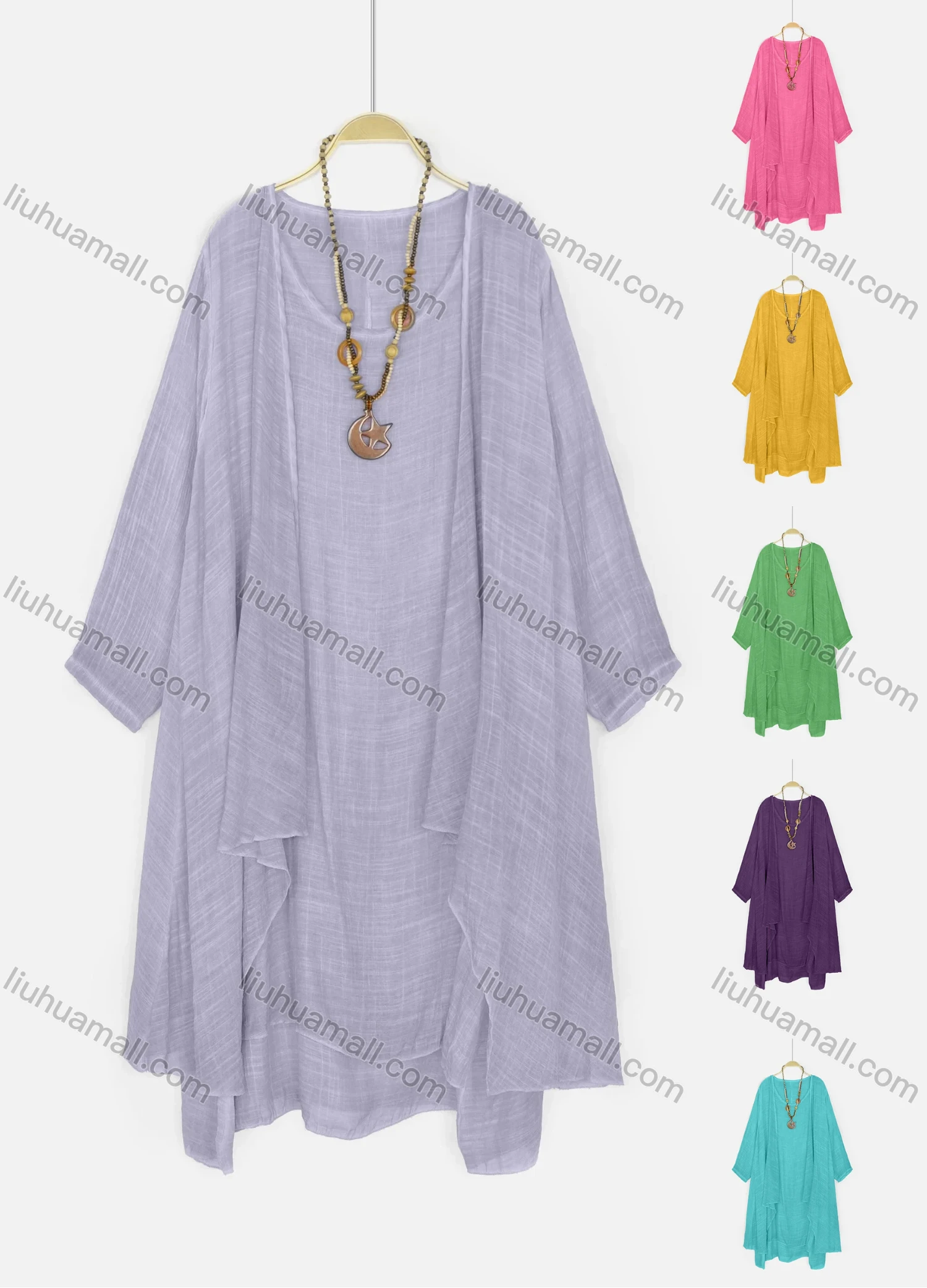 Wholesale Women's Scoop Neck Plain Midi Dress With Wooden Star Moon Beads Necklace - Liuhuamall