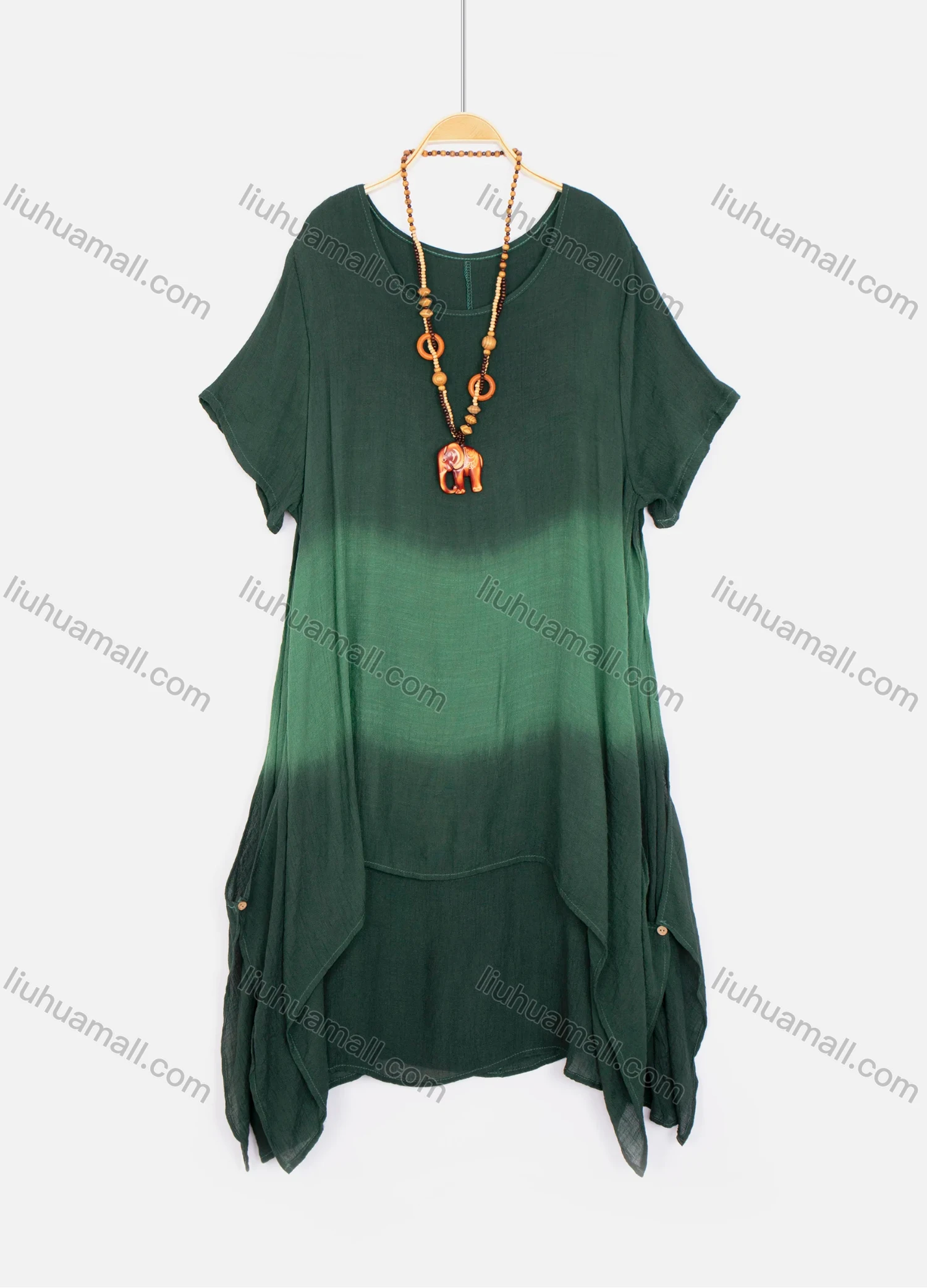 Wholesale Women's Scoop Neck Tie Dye Layered Hanky Hem Midi Tee Dress With Wooden Elephant Beads Necklace 3022# - Liuhuamall
