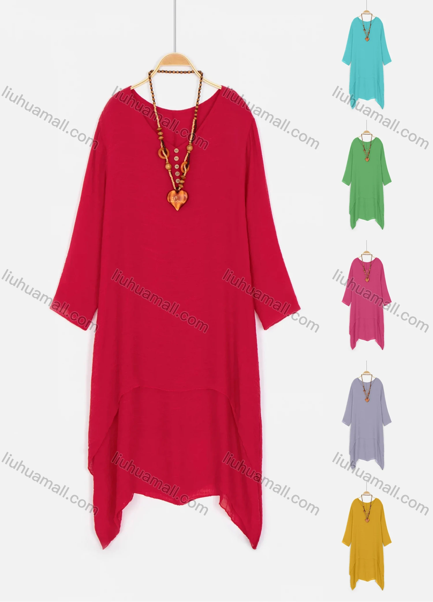 Wholesale Women's V Neck Buttons Hanky Hem Plain Midi Dress With Wooden Heart Beads Necklace - Liuhuamall