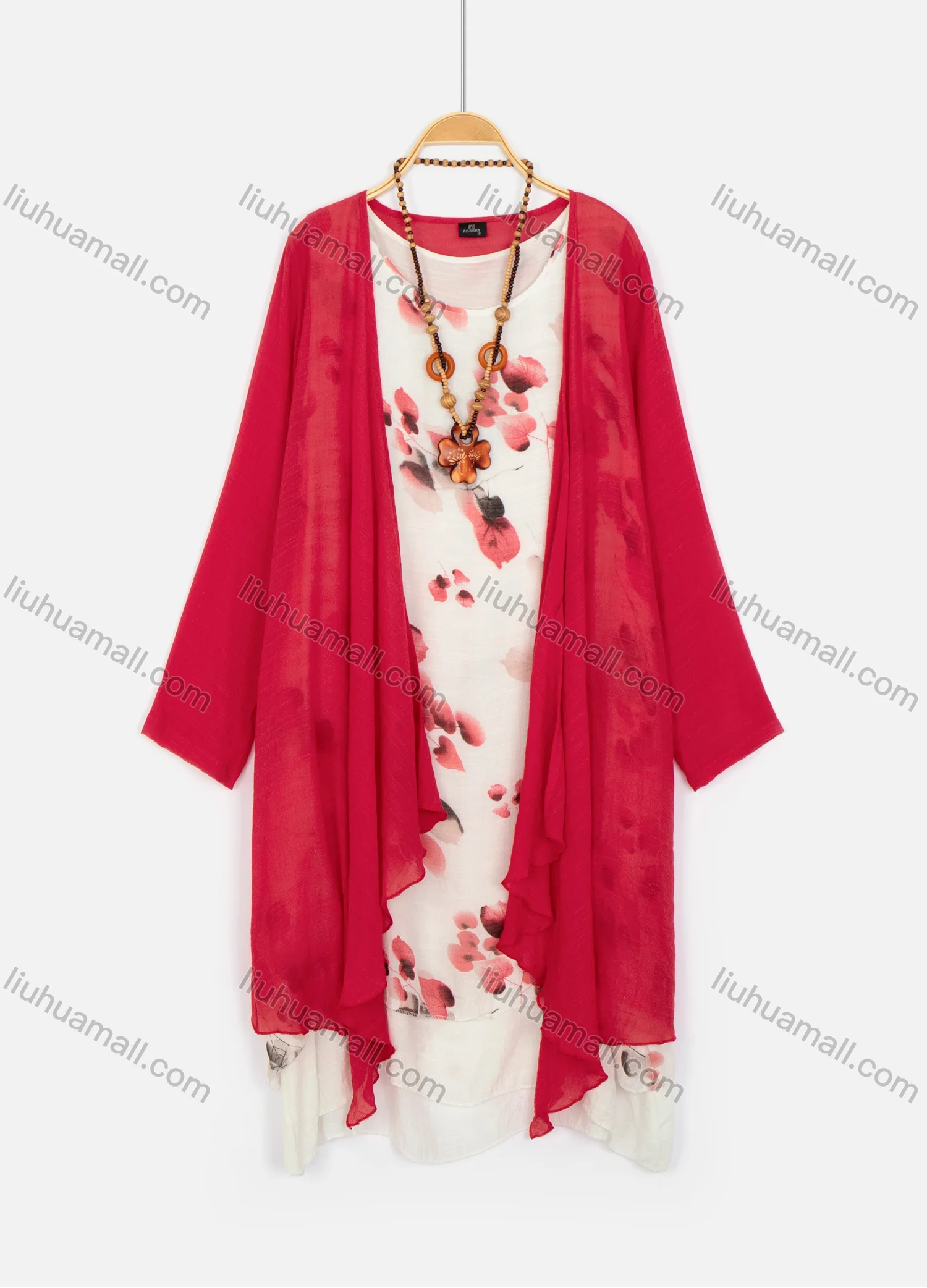 Wholesale Women's Scoop Neck Floral Layered Hem Midi Dress & Plain Cardigan & Clover Necklace 3-Piece Set 0597-4432# - Liuhuamall