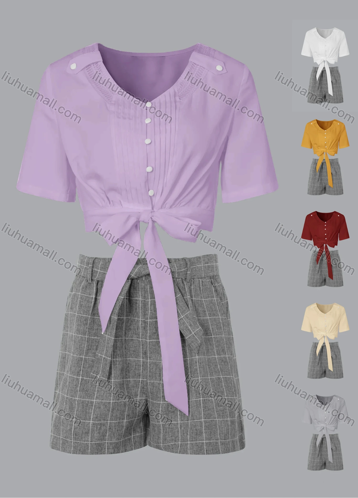 Wholesale Women's V-neck Button Front Ties Shirt & Grid Print Shorts Set - Liuhuamall