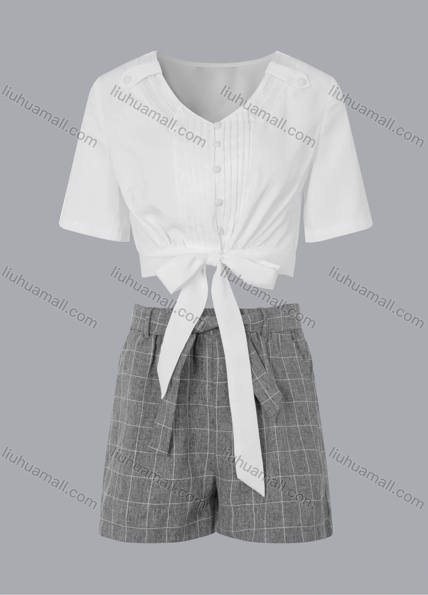 Wholesale Women's V-neck Button Front Ties Shirt & Grid Print Shorts Set - Liuhuamall