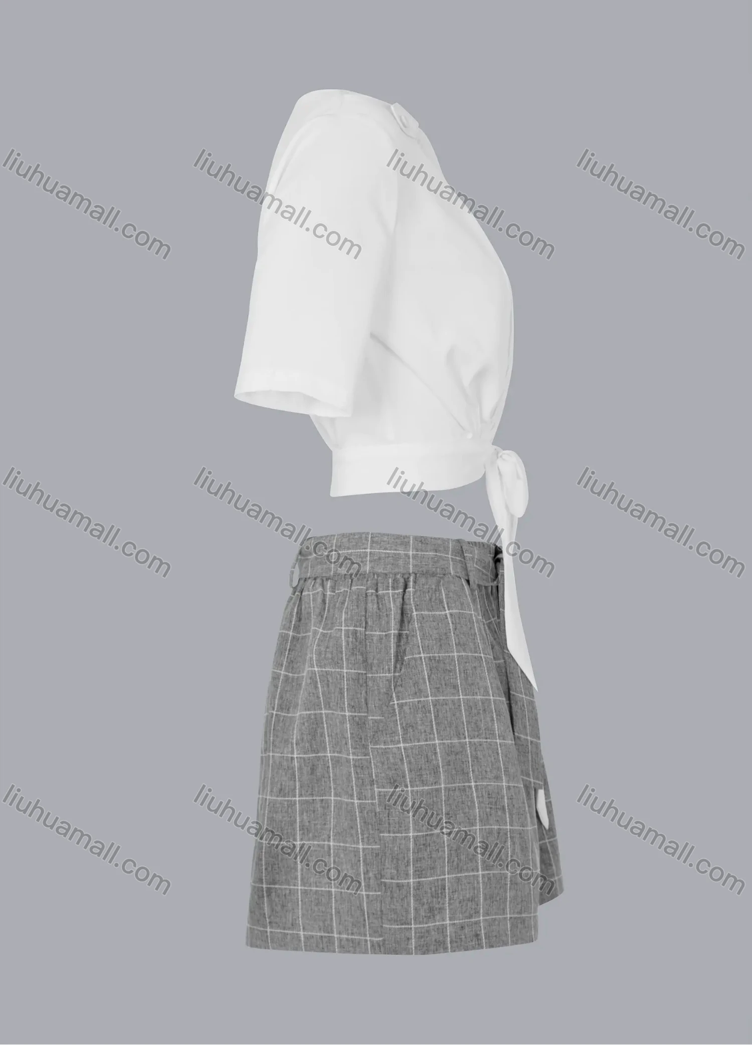 Wholesale Women's V-neck Button Front Ties Shirt & Grid Print Shorts Set - Liuhuamall