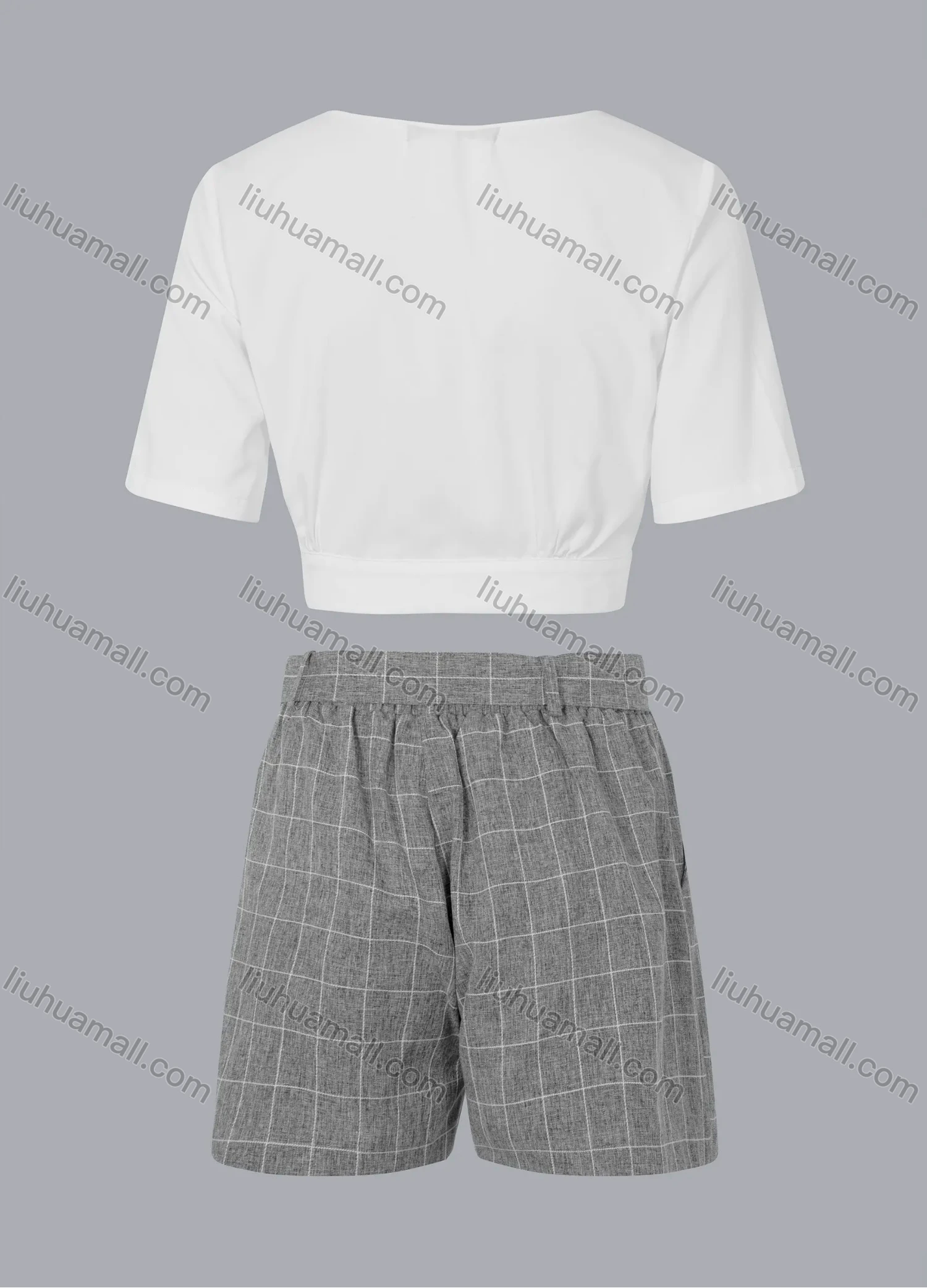 Wholesale Women's V-neck Button Front Ties Shirt & Grid Print Shorts Set - Liuhuamall