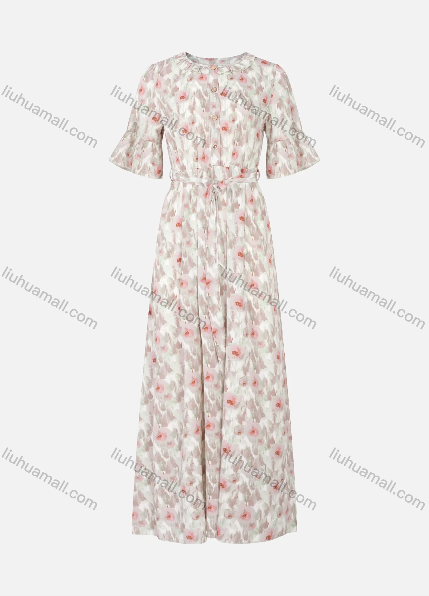 Wholesale Women's Casual Crew Neck Trumpet Sleeve Floral Print Ruffle Trim Button Front Maxi Dress - Liuhuamall