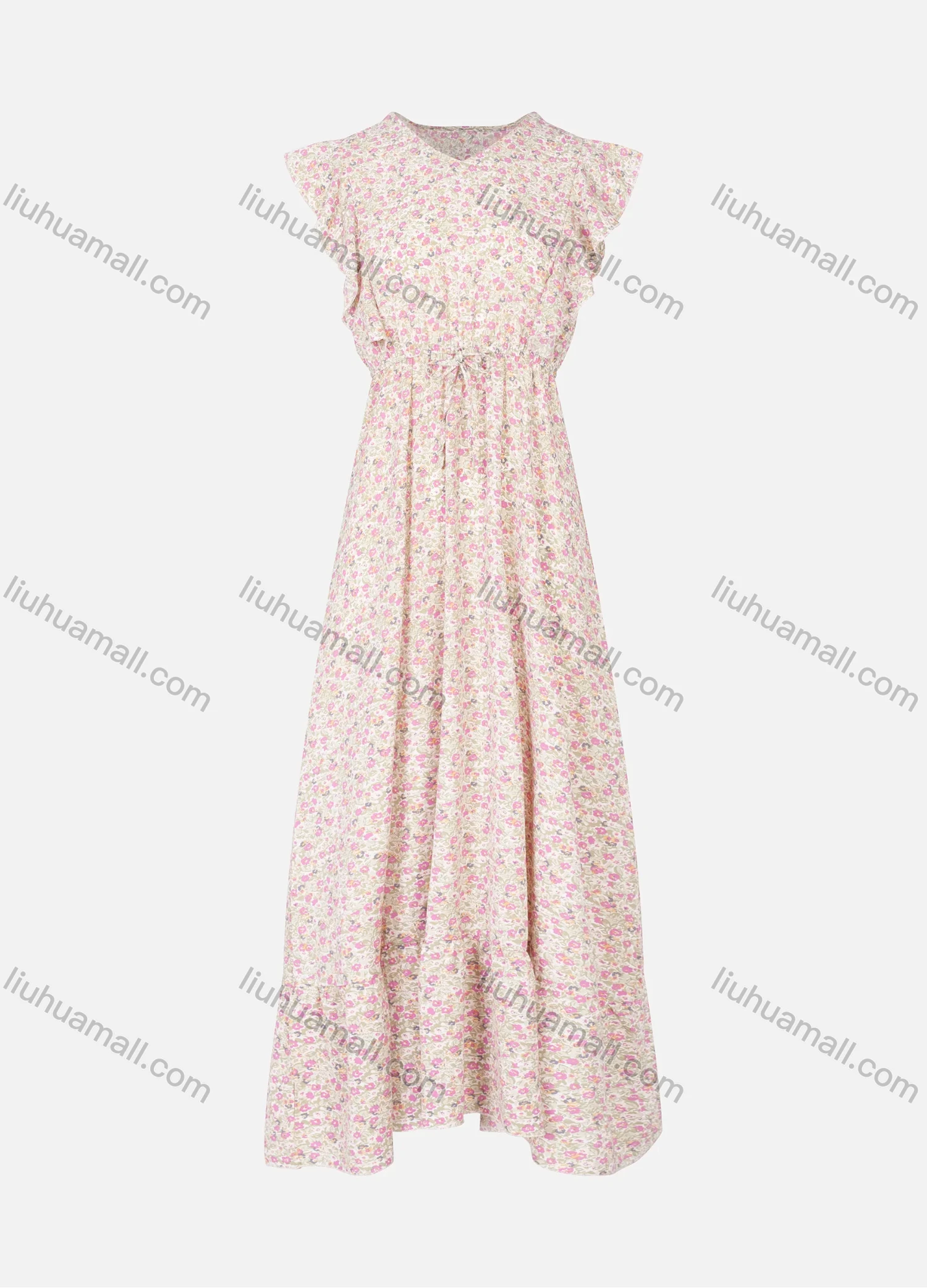 Wholesale Women's Casual Sleeveless V Neck Floral Print Ruffle Trim Drawstring Ruffle Hem Maxi Dress A1625-591309# - Liuhuamall