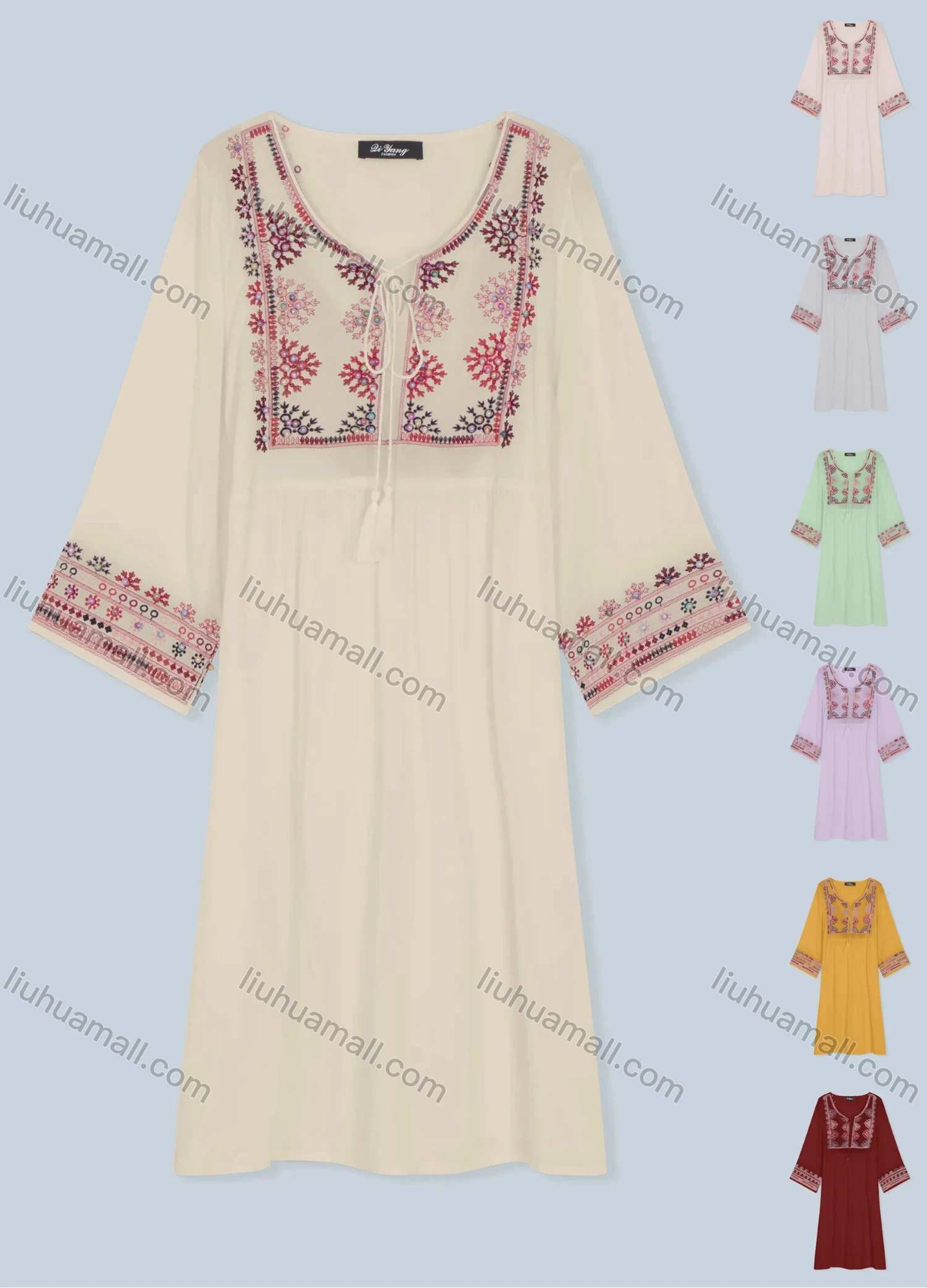 Wholesale Women's Front Ties Notched Neck Cape Pearls Beaded Sleeve Floral Midi Dress 1309-9866# - Liuhuamall