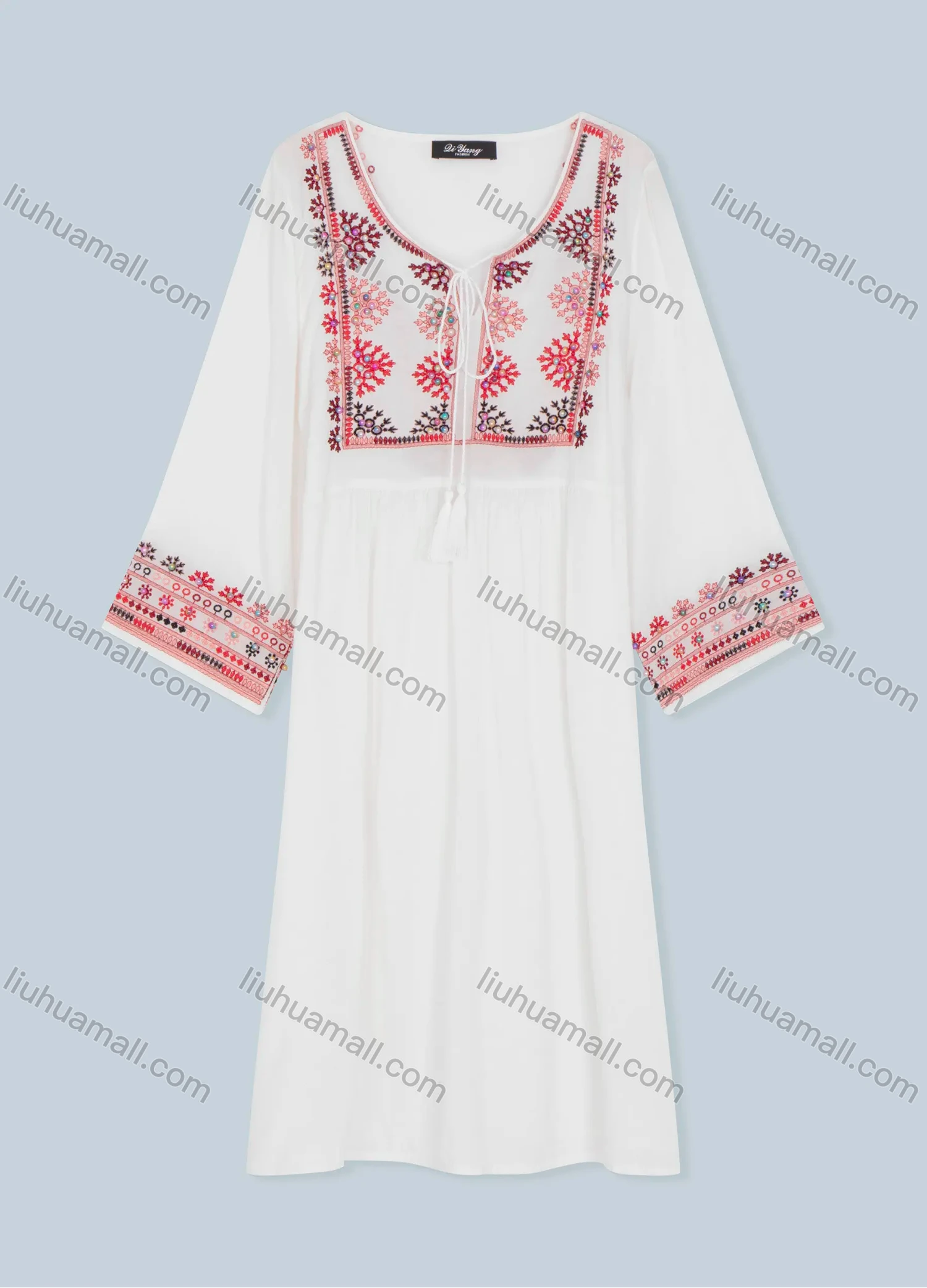 Wholesale Women's Front Ties Notched Neck Cape Pearls Beaded Sleeve Floral Midi Dress 1309-9866# - Liuhuamall