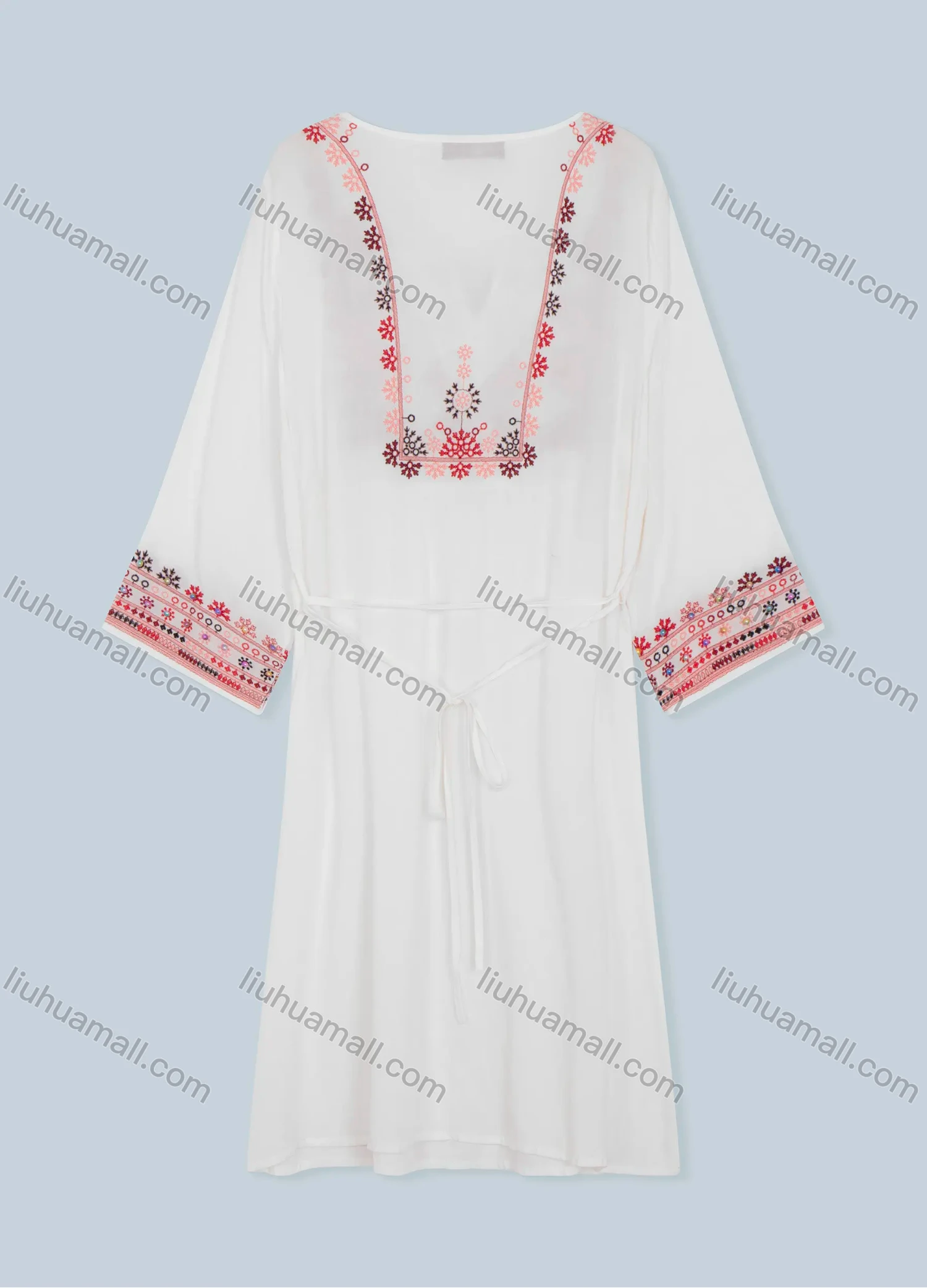 Wholesale Women's Front Ties Notched Neck Cape Pearls Beaded Sleeve Floral Midi Dress 1309-9866# - Liuhuamall