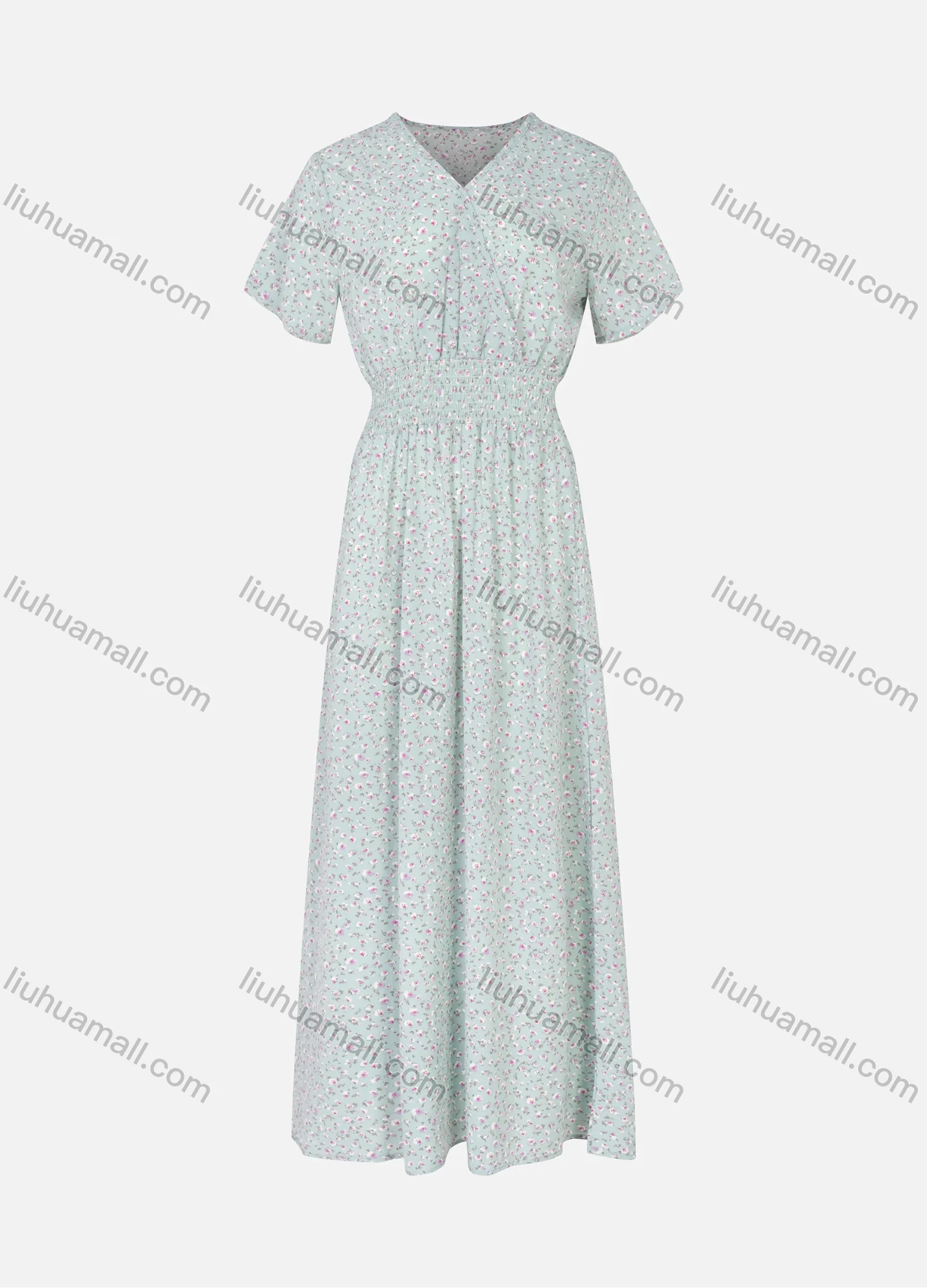 Wholesale Women's Casual Short Sleeve Wrap V Neck Floral Print Shirred Maxi Dress A1625-644832# - Liuhuamall