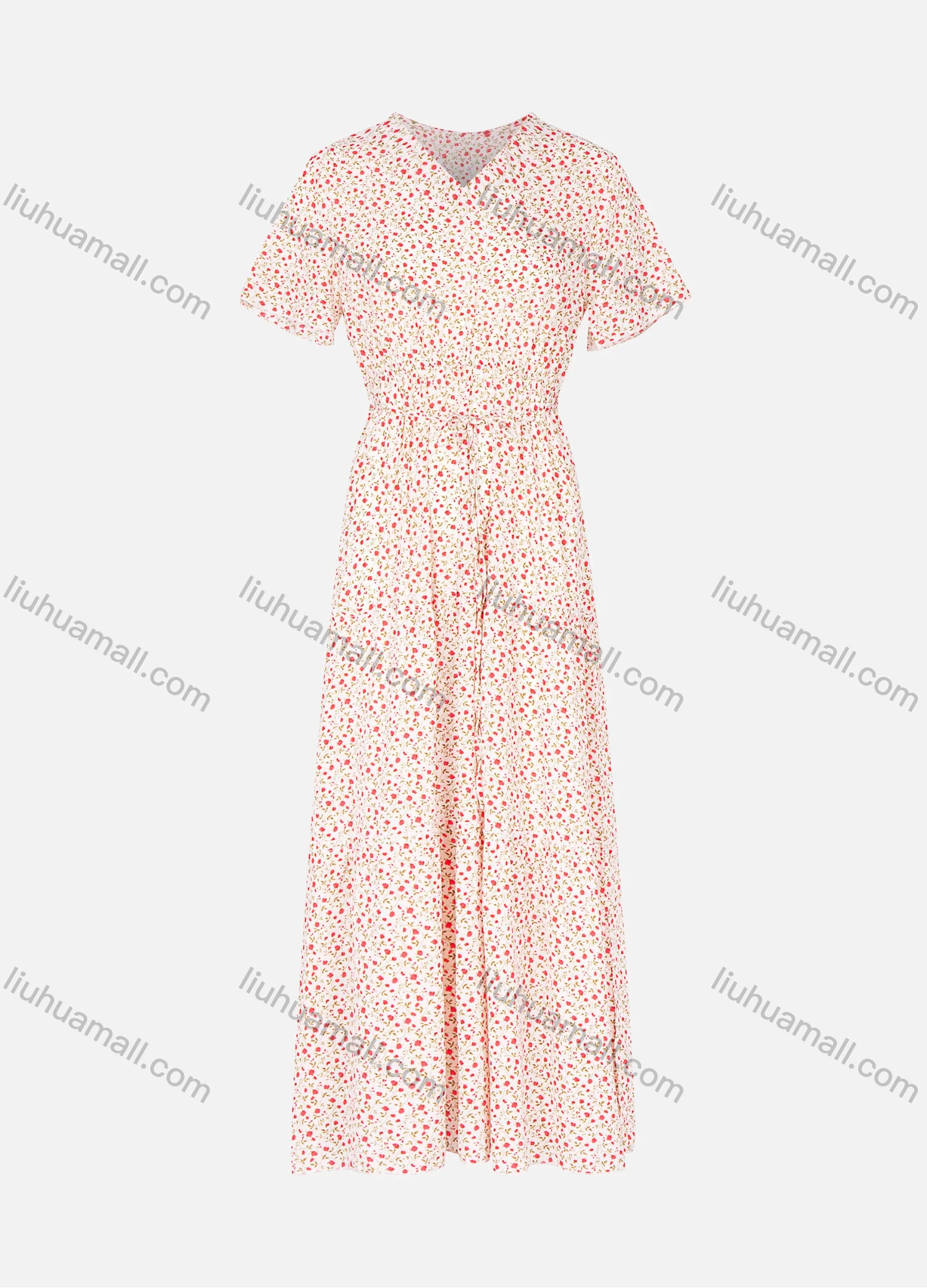 Wholesale Women's Casual Short Sleeve Wrap V Neck Floral Print Maxi Dress A1625-656463# - Liuhuamall