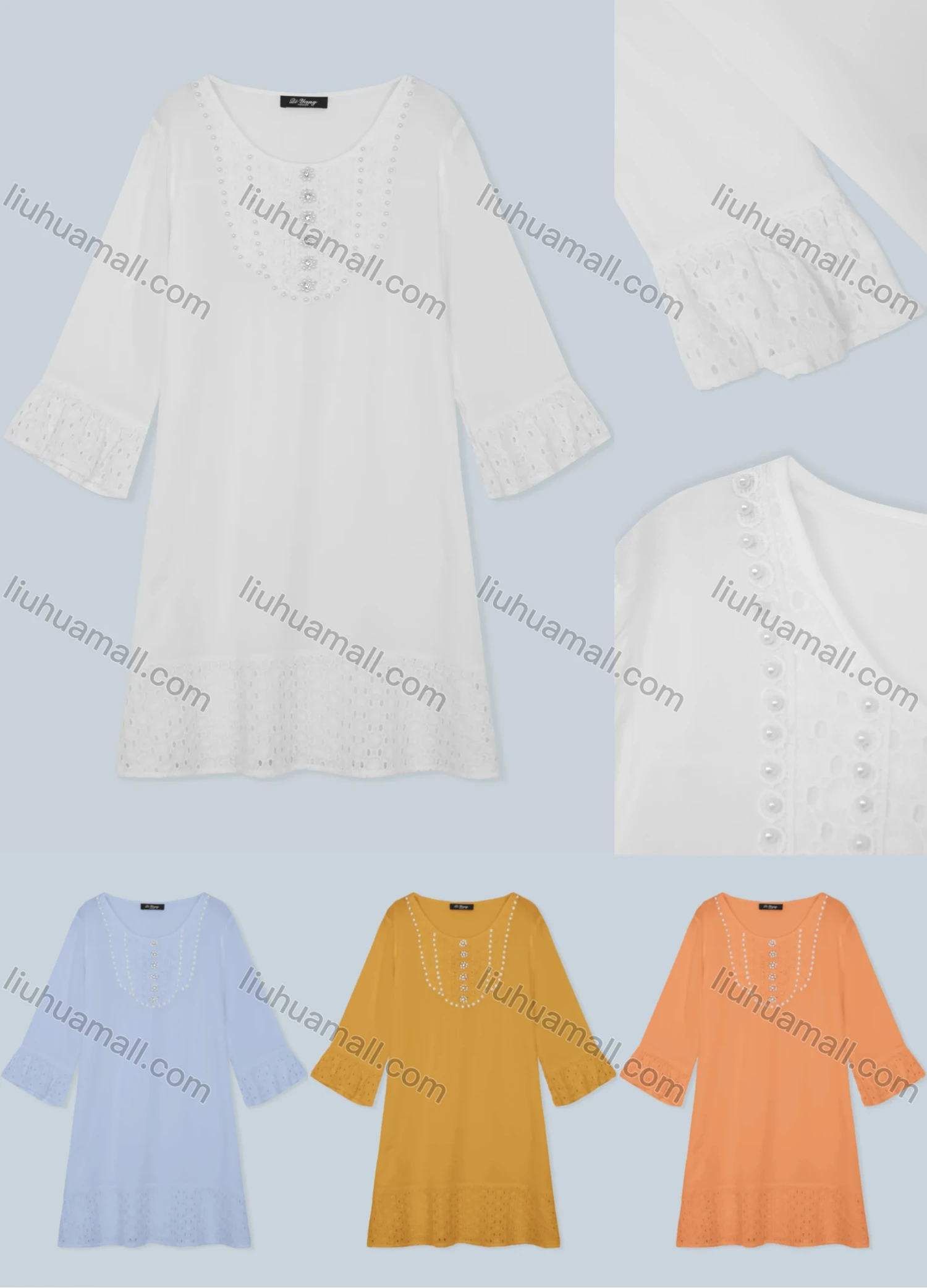 Wholesale Women's Eyelet Embroidered 3/4 Sleeve Rhinestone Pearls Beaded Short Dress 1309-2683# - Liuhuamall