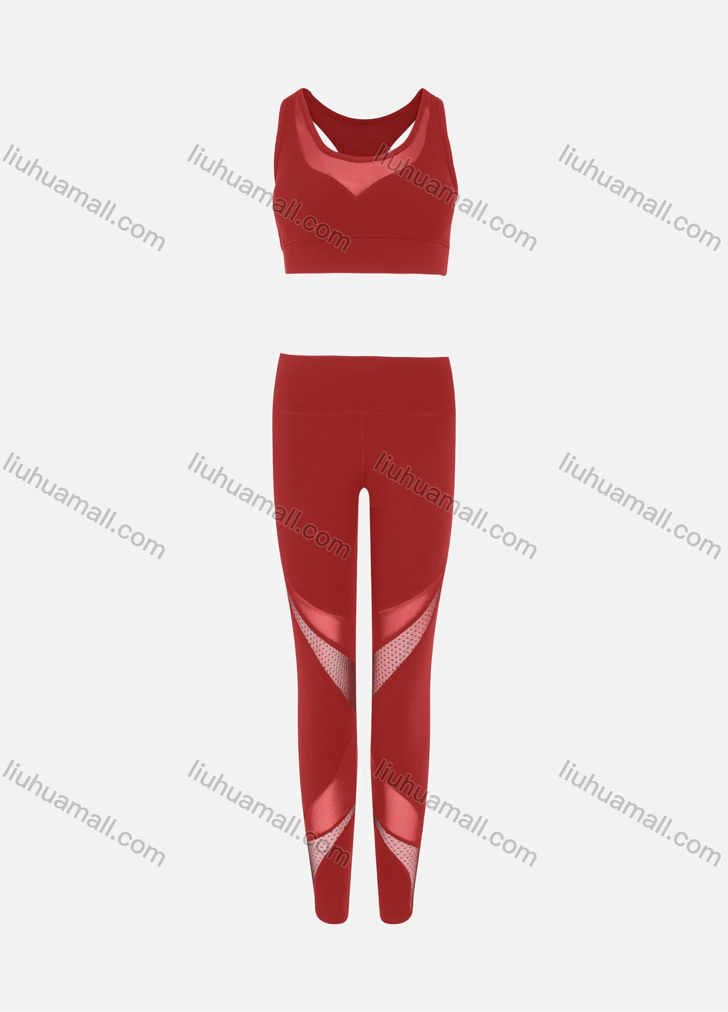 Wholesale Women's Sporty Scoop Neck Racerback Mesh Plain Crop Tank Top & High Waist Long Leggings 2-Piece Set - Liuhuamall