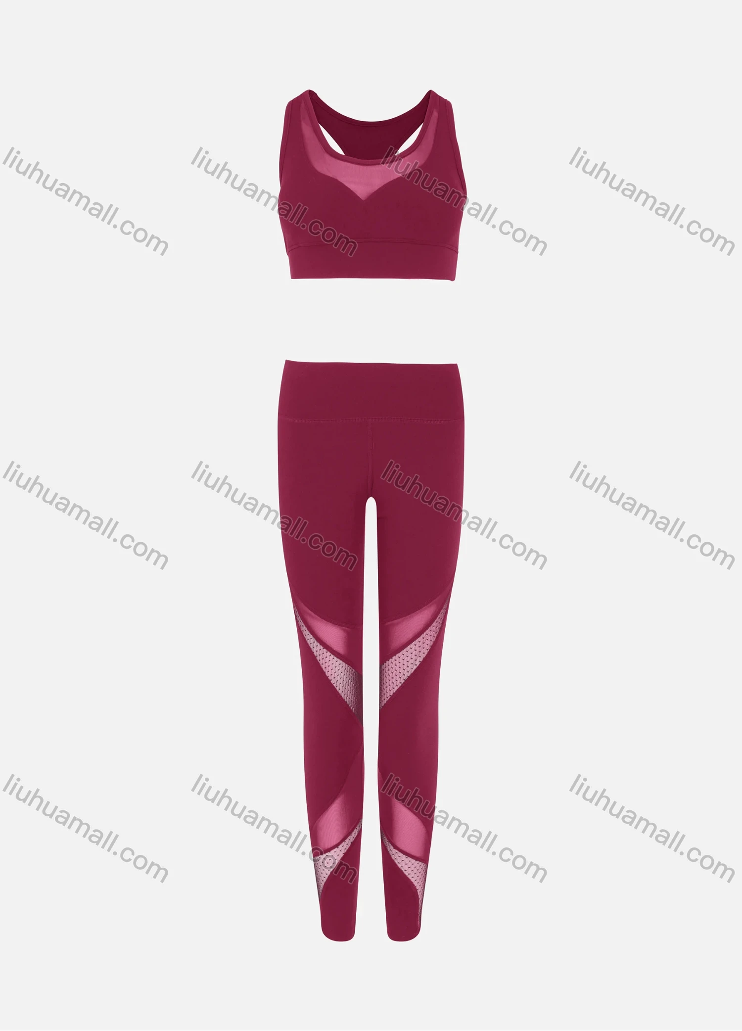 Wholesale Women's Sporty Scoop Neck Racerback Mesh Plain Crop Tank Top & High Waist Long Leggings 2-Piece Set - Liuhuamall