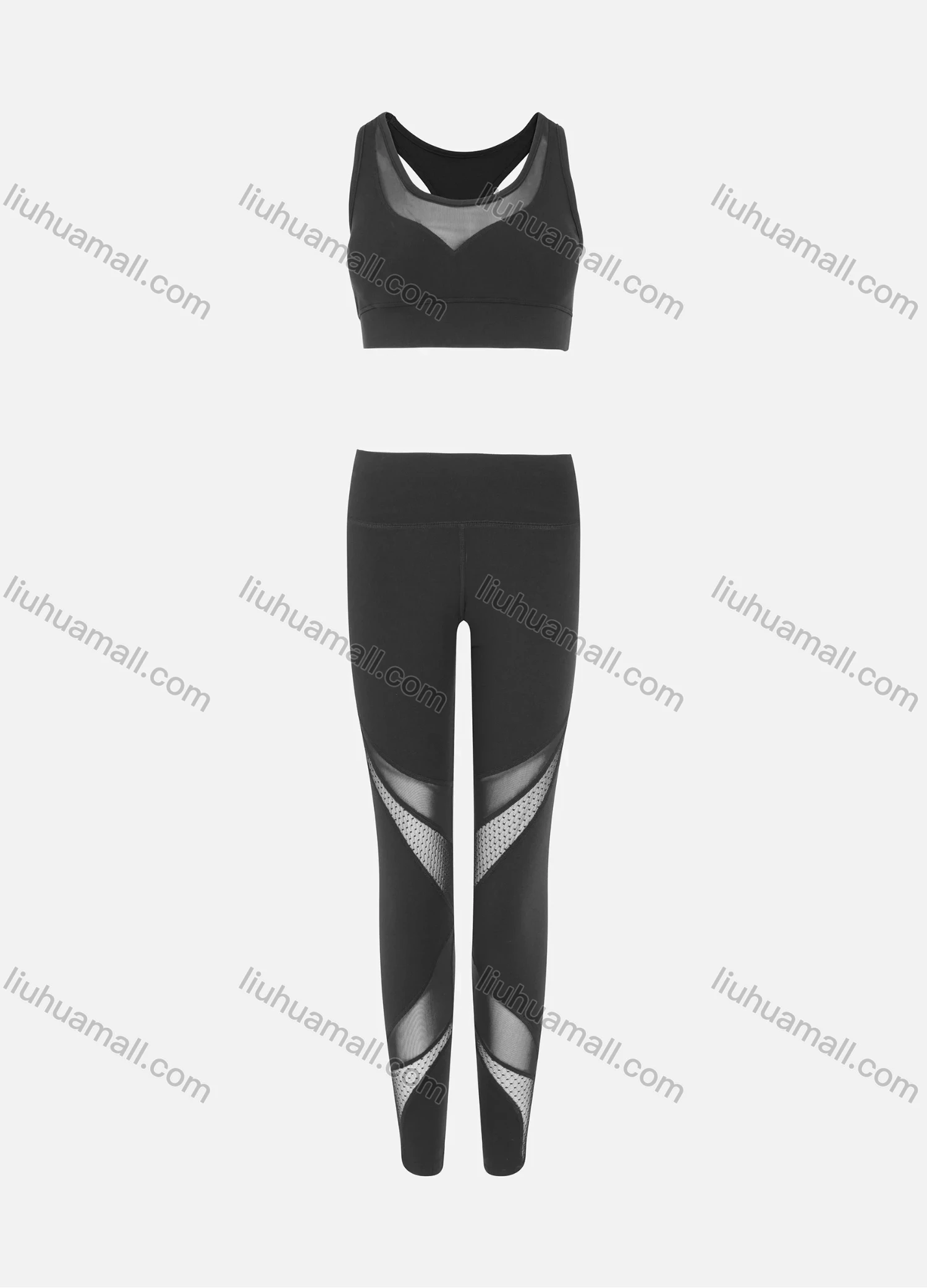 Wholesale Women's Sporty Scoop Neck Racerback Mesh Plain Crop Tank Top & High Waist Long Leggings 2-Piece Set - Liuhuamall