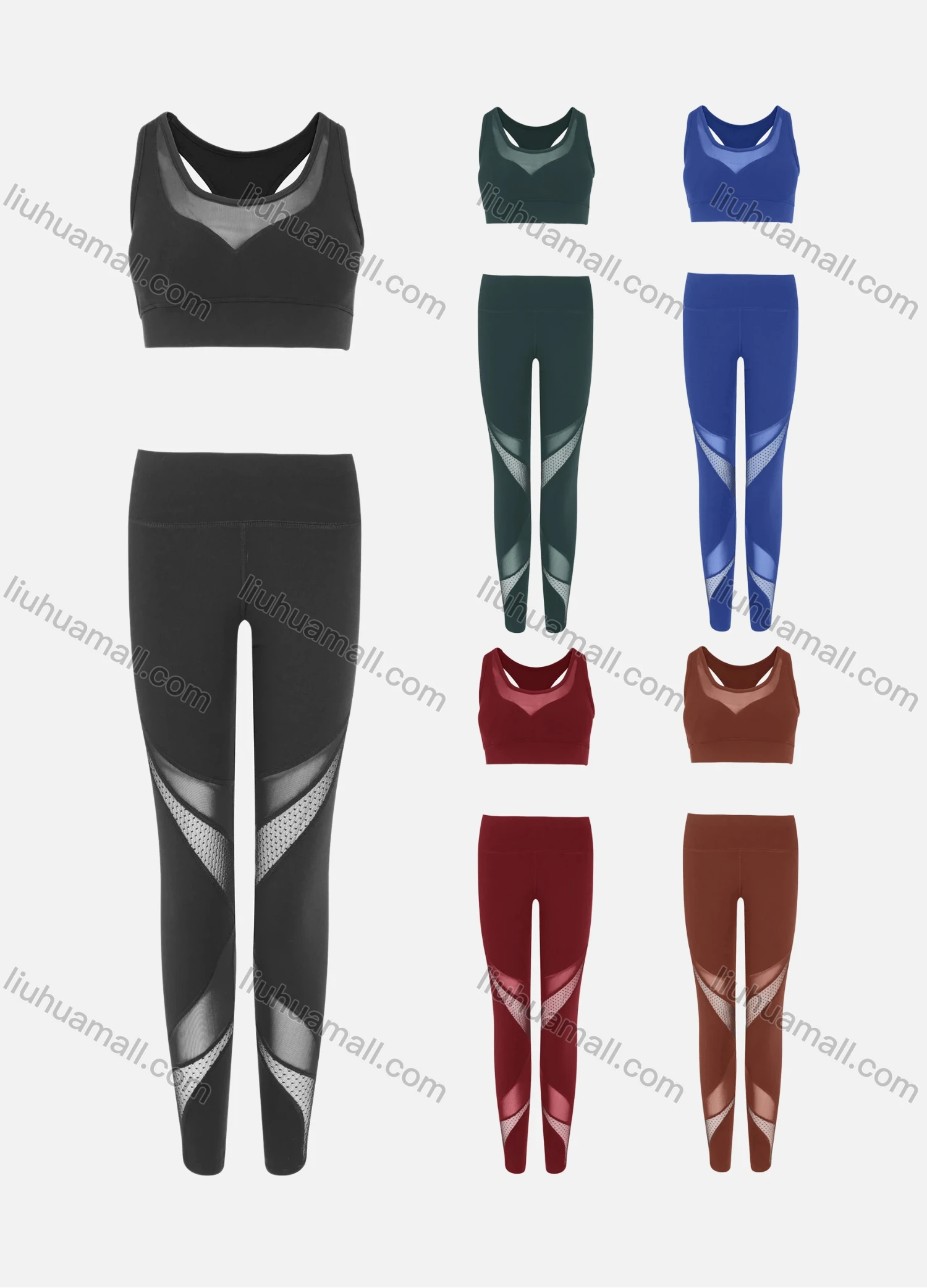 Wholesale Women's Sporty Scoop Neck Racerback Mesh Plain Crop Tank Top & High Waist Long Leggings 2-Piece Set - Liuhuamall