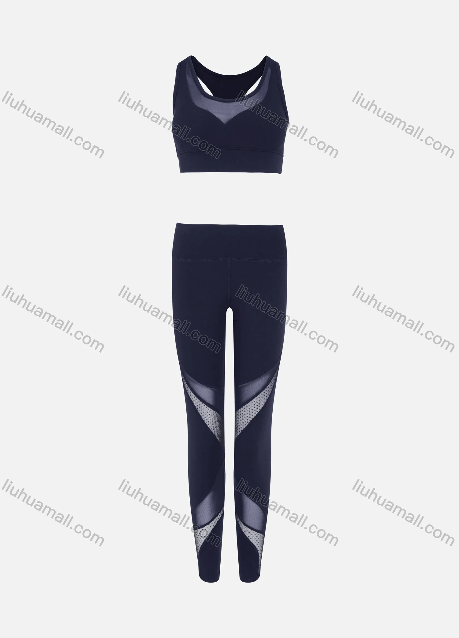 Wholesale Women's Sporty Scoop Neck Racerback Mesh Plain Crop Tank Top & High Waist Long Leggings 2-Piece Set - Liuhuamall