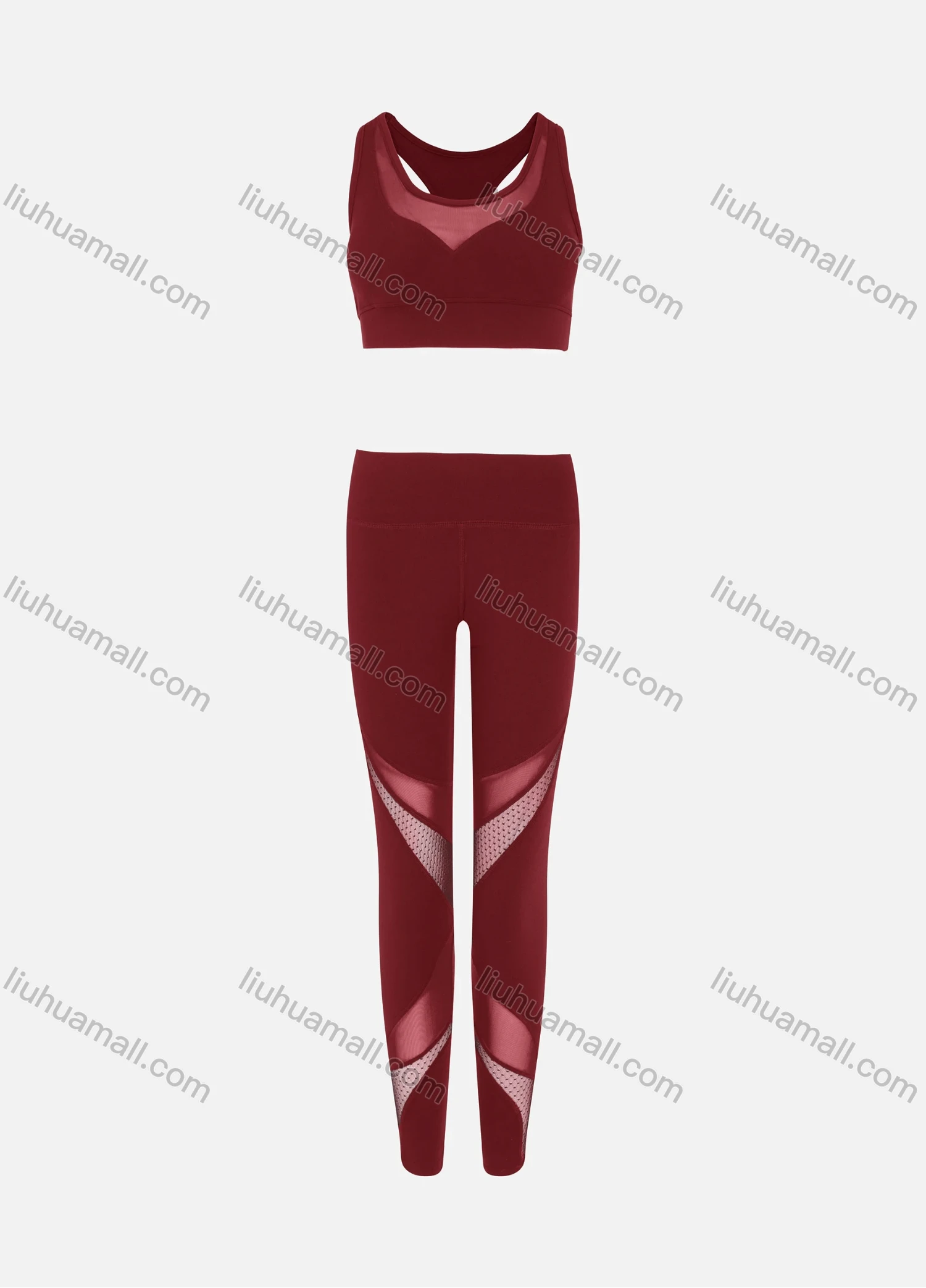 Wholesale Women's Sporty Scoop Neck Racerback Mesh Plain Crop Tank Top & High Waist Long Leggings 2-Piece Set - Liuhuamall