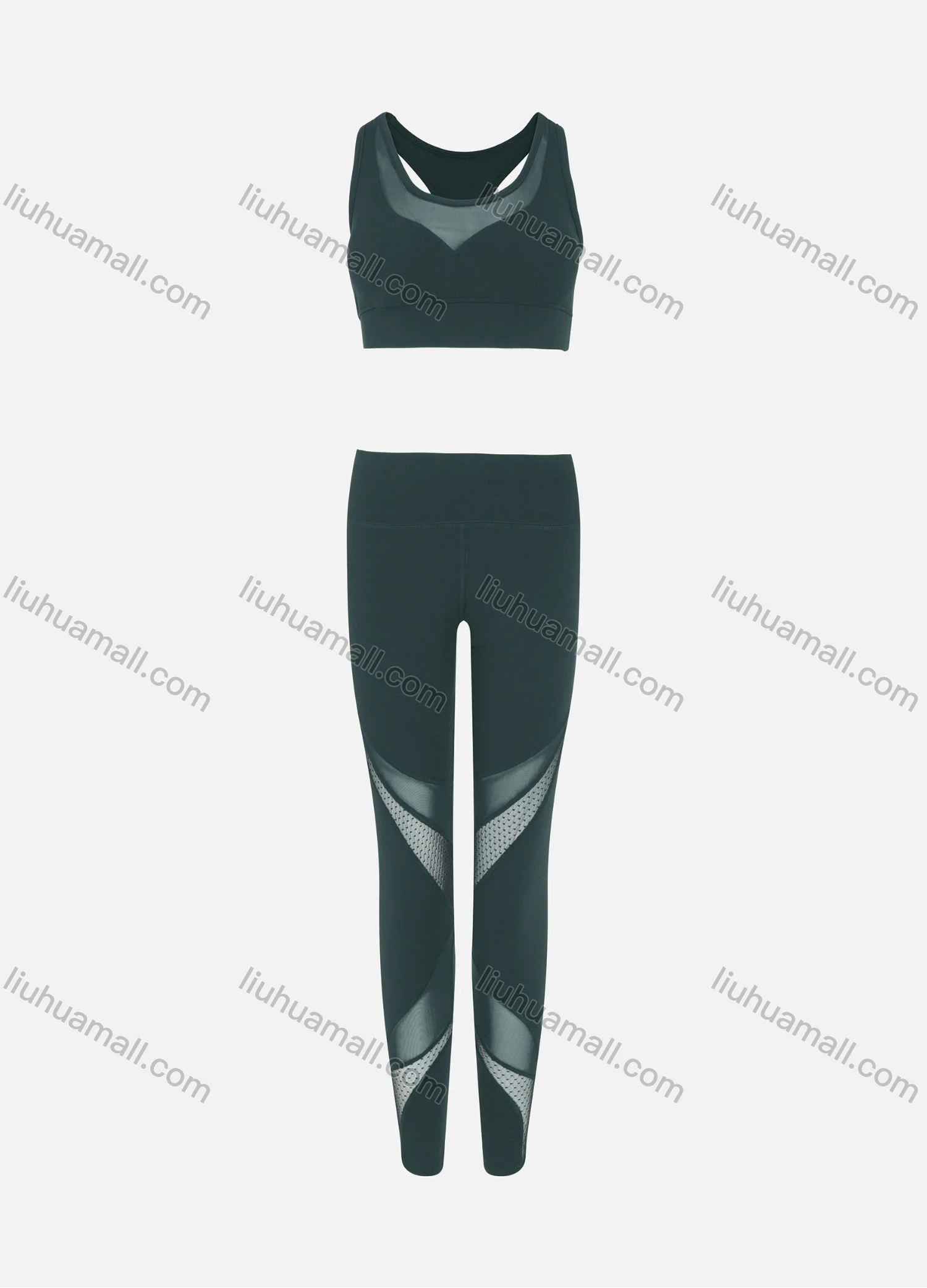 Wholesale Women's Sporty Scoop Neck Racerback Mesh Plain Crop Tank Top & High Waist Long Leggings 2-Piece Set - Liuhuamall