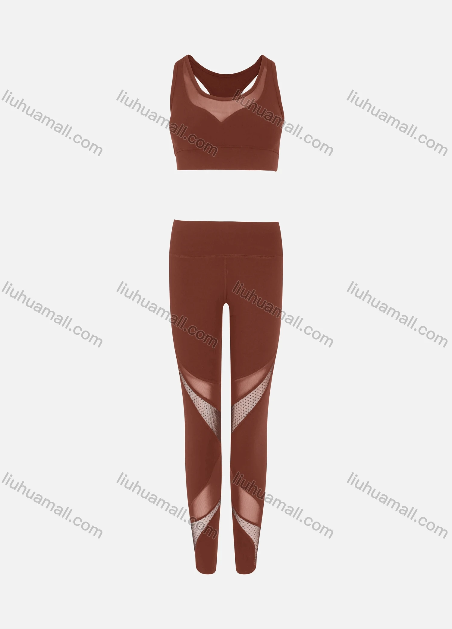 Wholesale Women's Sporty Scoop Neck Racerback Mesh Plain Crop Tank Top & High Waist Long Leggings 2-Piece Set - Liuhuamall